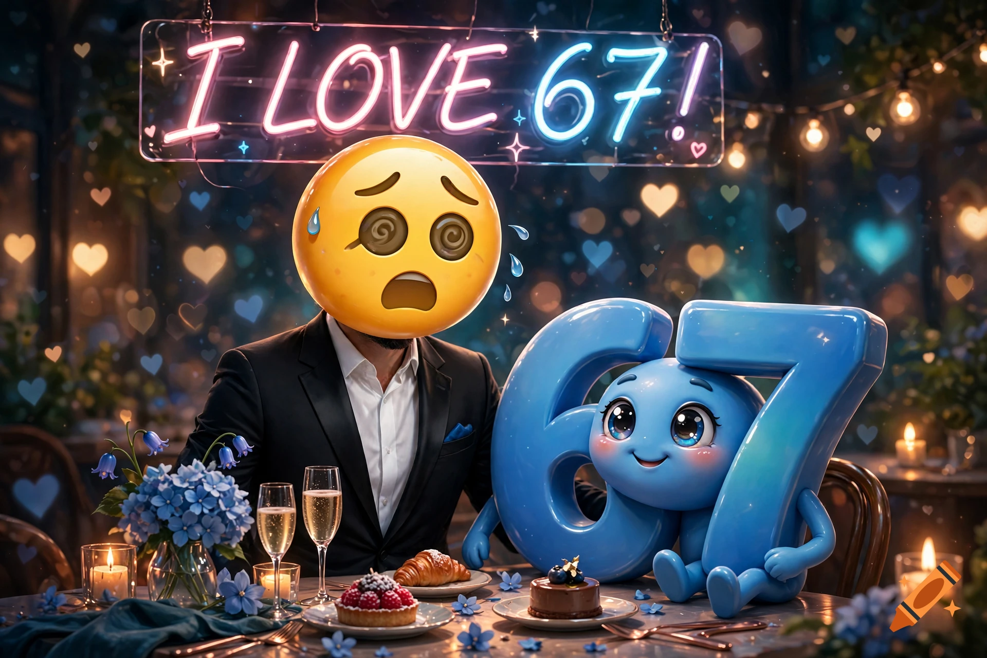 A man with a dizzy emoji head on a date with a blue, smiling number 67 mascot at a romantic restaurant with neon text reading 'I LOVE 67!'