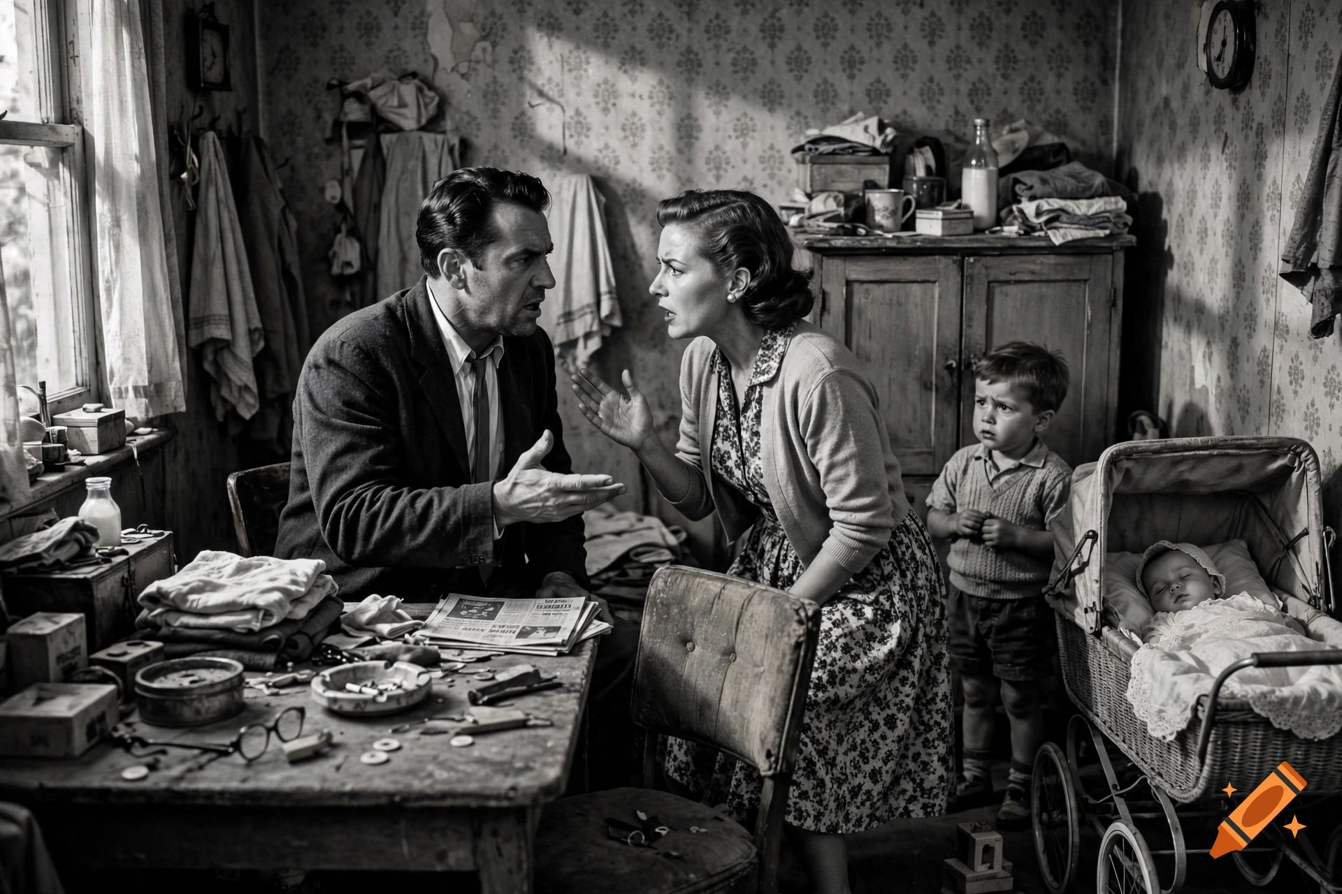 Black and white photo of a 1950s family arguing in a cramped living room with children present.