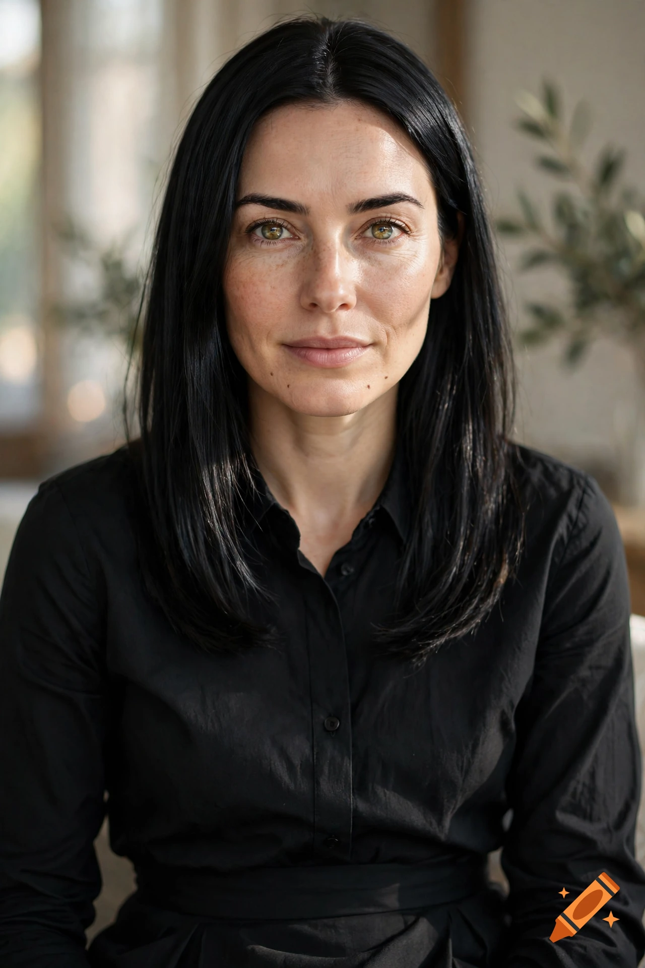Photorealistic portrait of a woman with dark hair, hazel eyes, and freckles, wearing a black collared shirt.