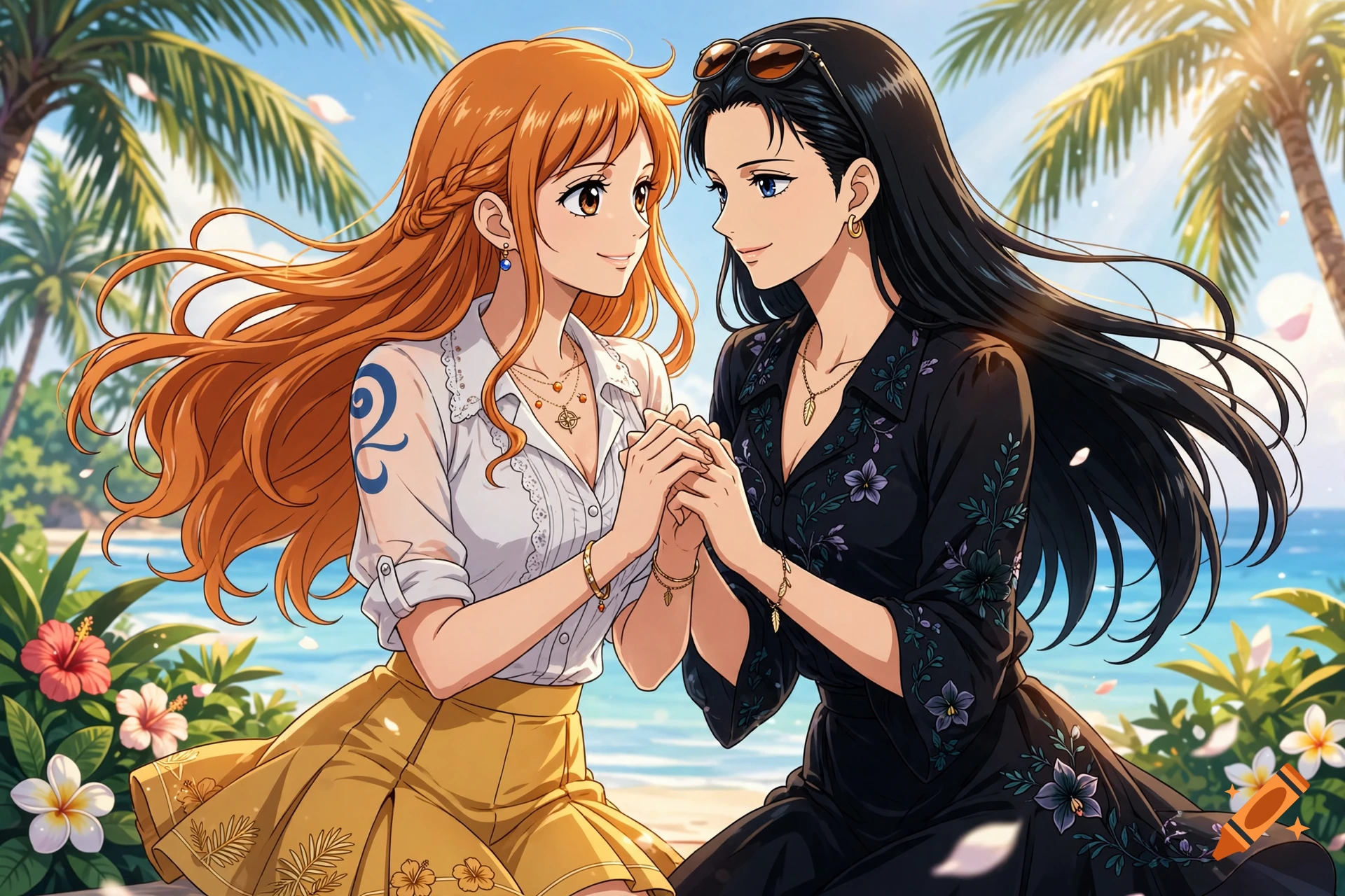 Anime style illustration of two women holding hands on a tropical beach with palm trees and ocean in the background.