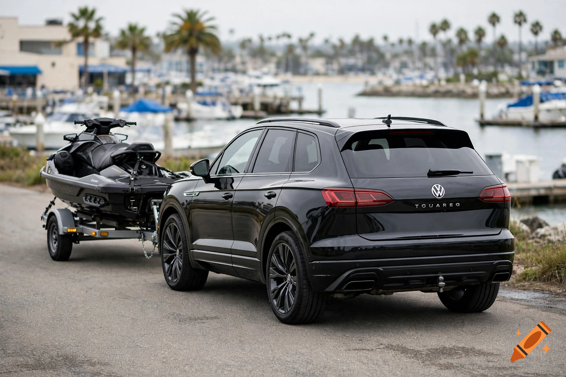 Photorealistic rear view of a black Volkswagen Touareg SUV towing a jet ski trailer parked near a marina.