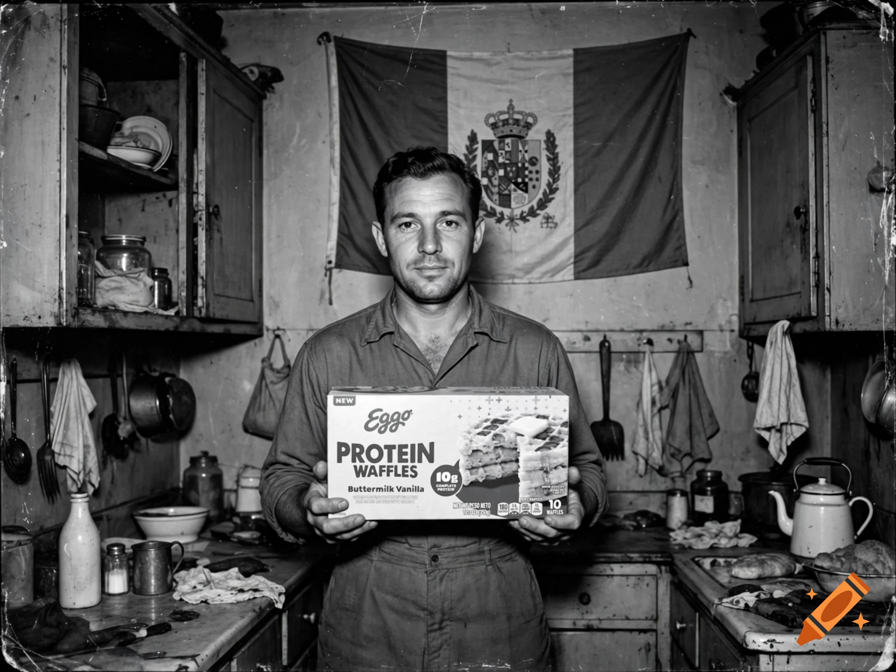 Black and white photo of a man holding an Eggo waffles box in a rustic kitchen with an old Italian flag hanging in the background.
