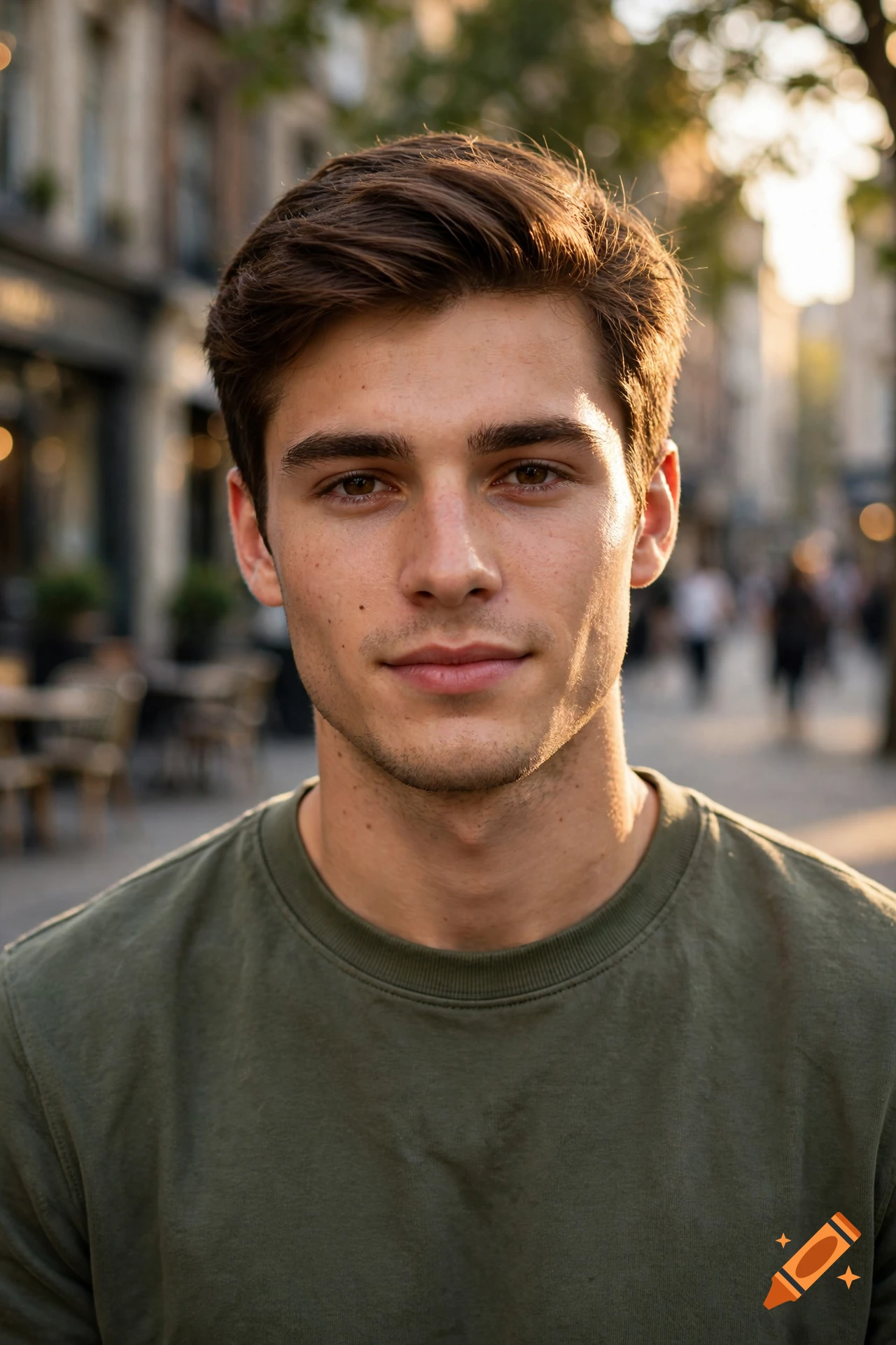 Close-up photorealistic portrait of a young man with brown hair and warm lighting, outdoors in a European street.