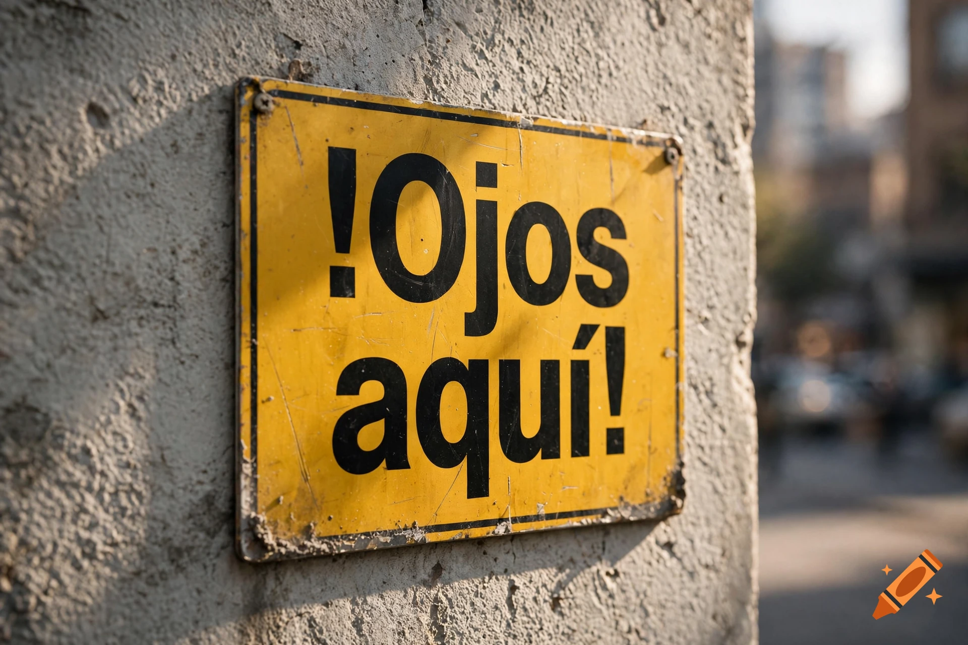 A weathered yellow sign with black text reading !Ojos aquí! mounted on a textured concrete wall, photorealistic.
