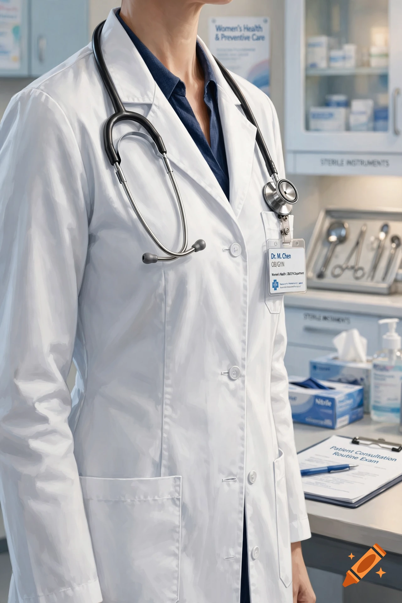 Close-up of a female gynecologist in a white lab coat with a stethoscope and ID badge in a medical office.