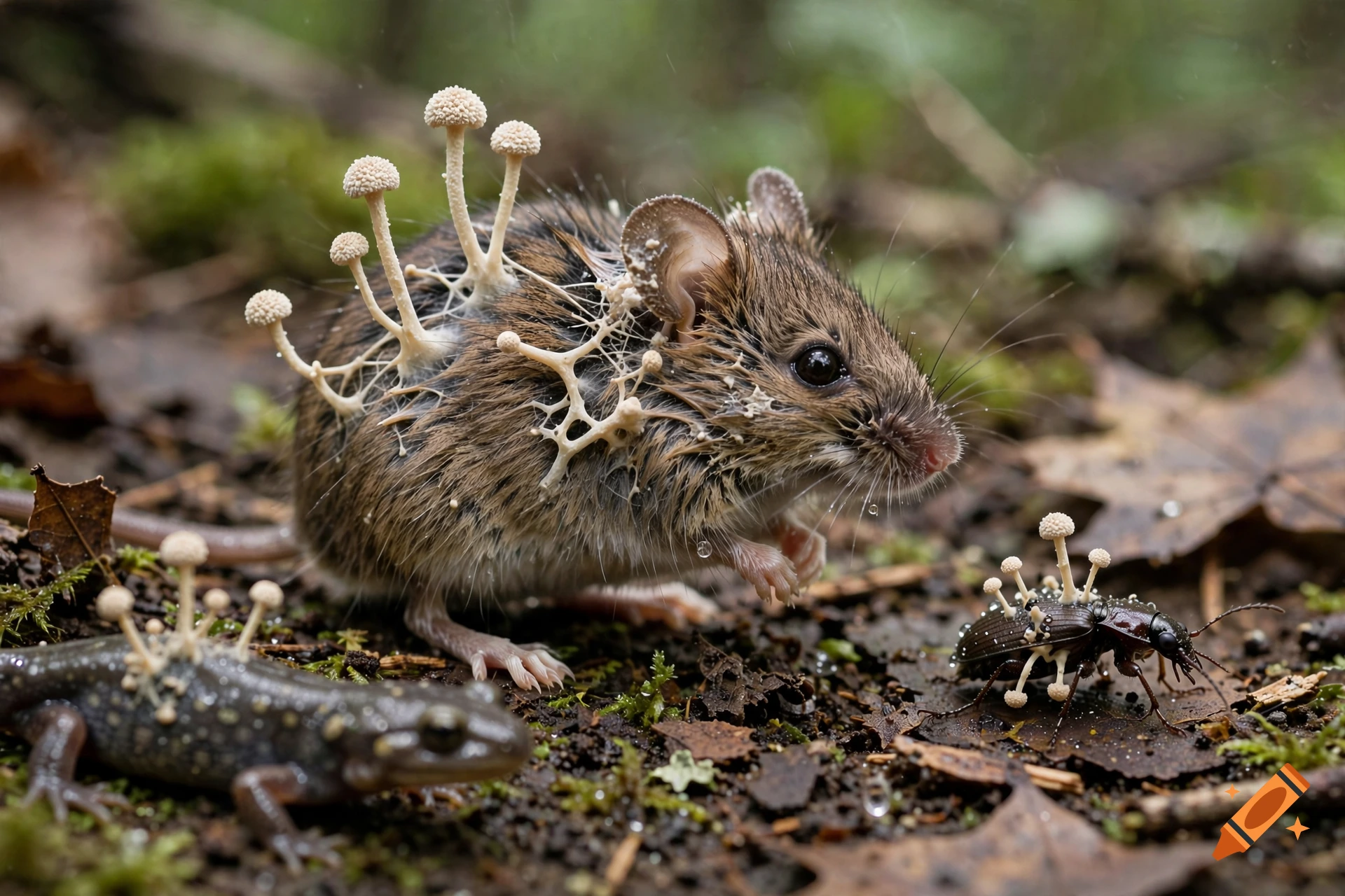 Photorealistic close-up of a mouse, beetle, and salamander in a forest, infected with parasitic cordyceps mushrooms growing from their bodies.