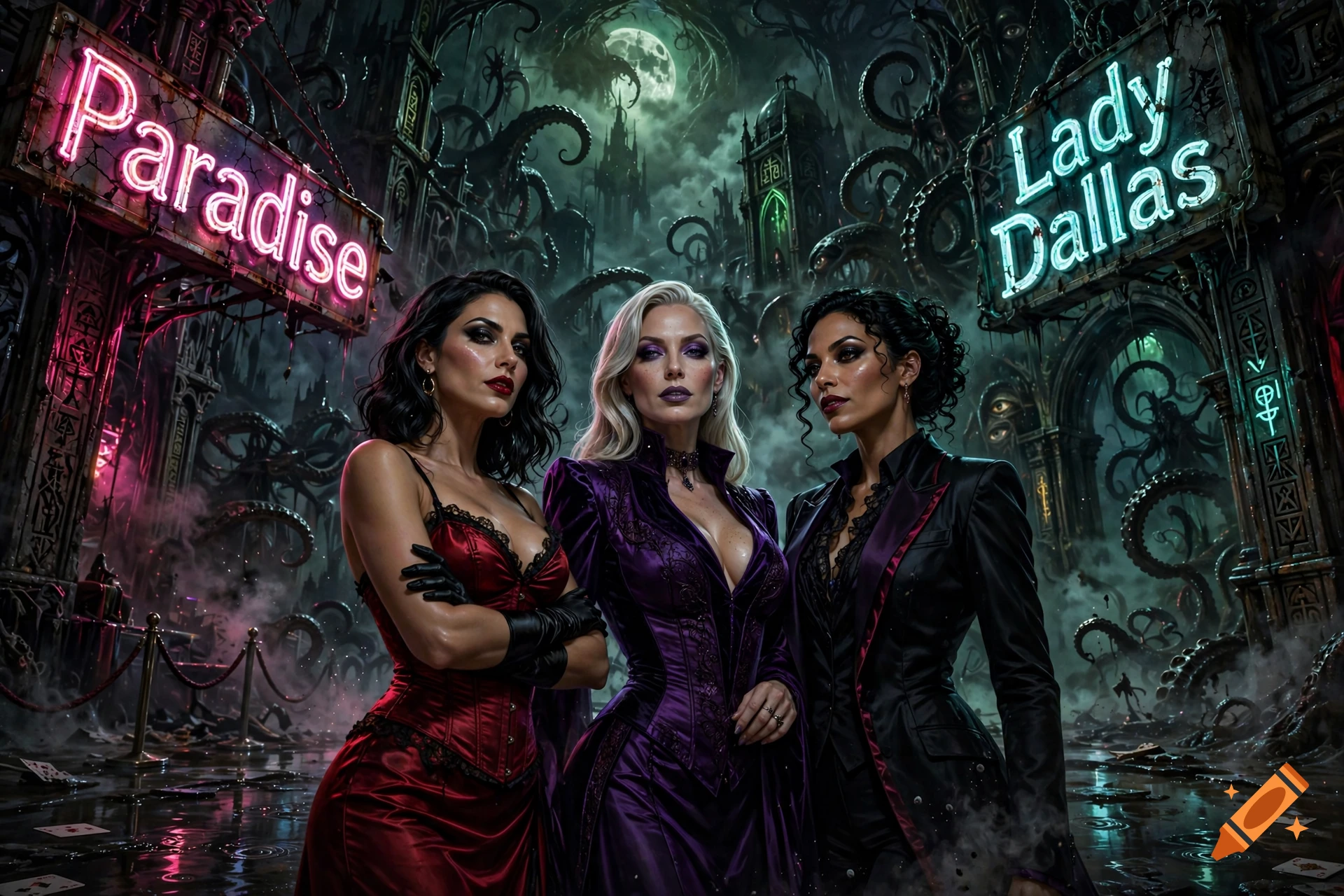 Three glamorous women standing in front of neon signs with gothic and lovecraftian architecture in the background, digital art.