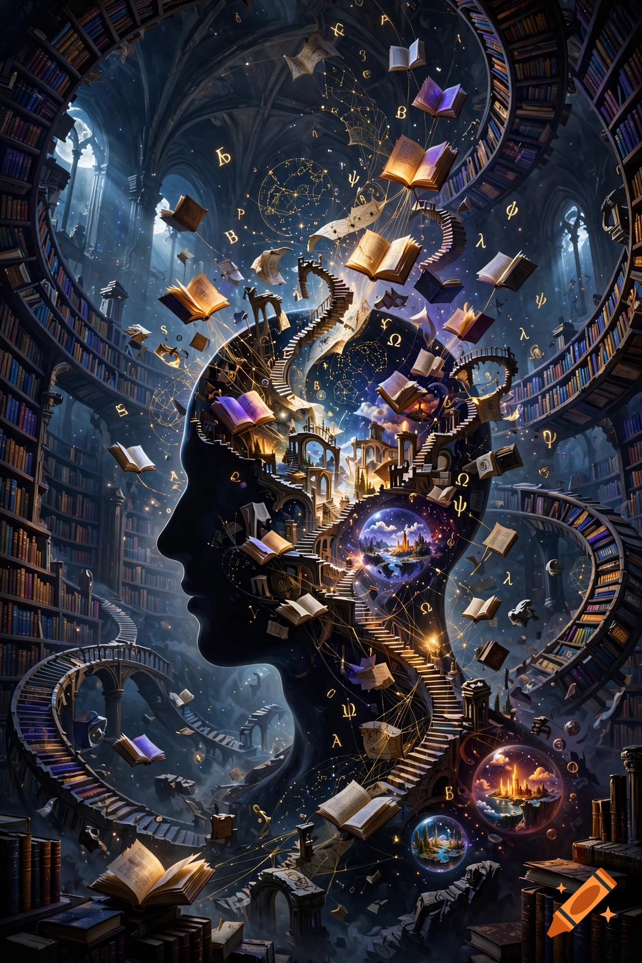 Surreal digital illustration of a human silhouette filled with swirling libraries, staircases, floating books, and glowing celestial spheres.