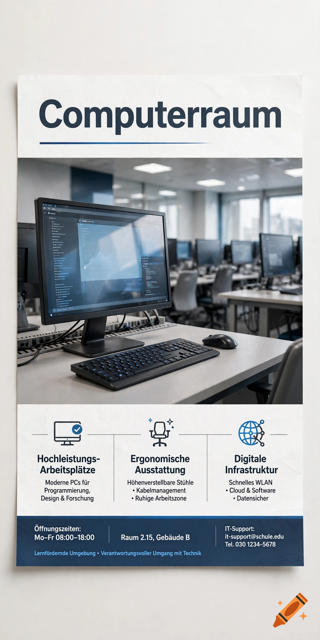 DIN A4 poster for a computer room featuring a desk with a monitor, keyboard, and mouse, alongside German informational text.