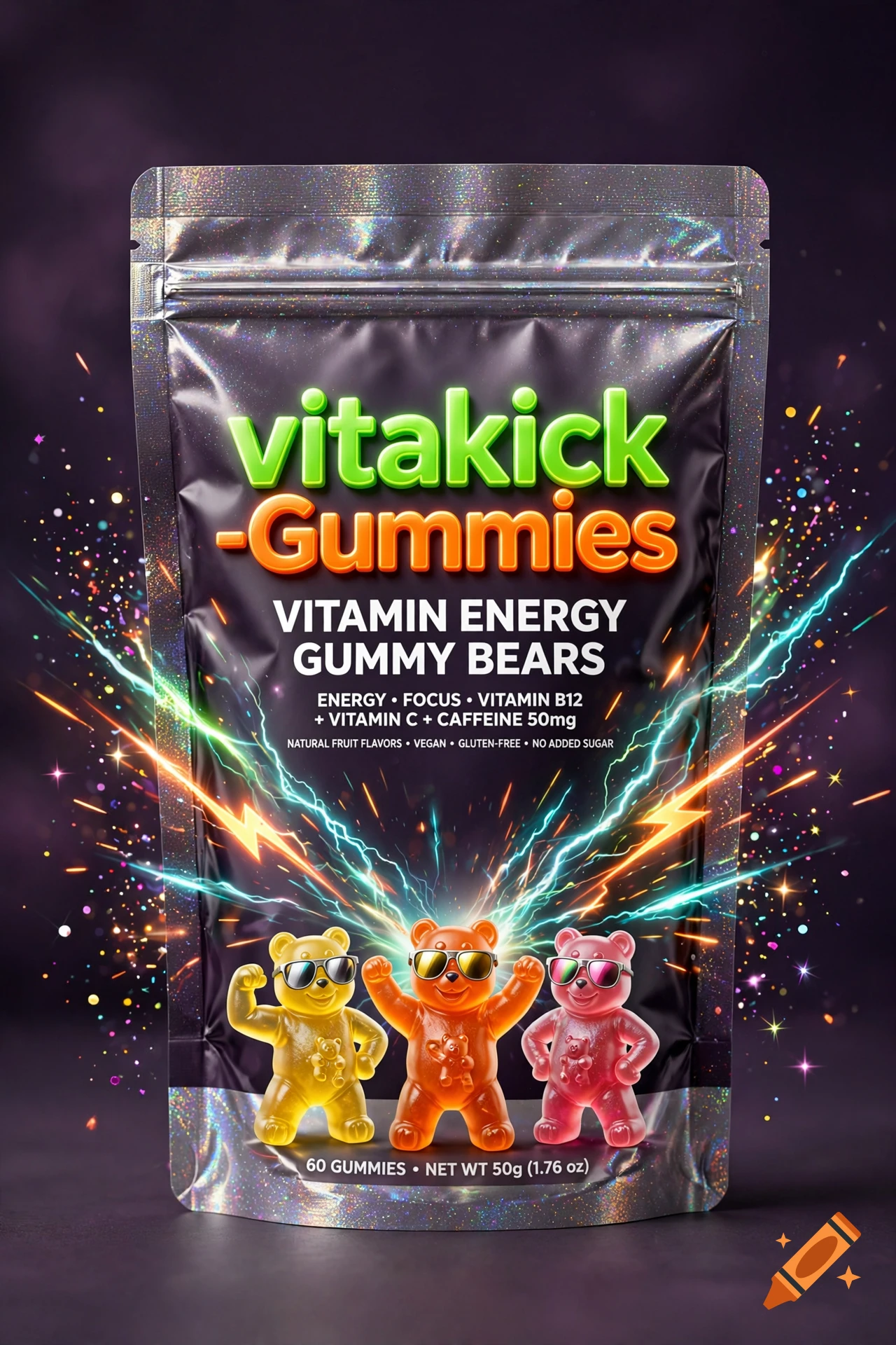 A modern, premium pouch packaging design for vitakick-Gummies with three cartoon gummy bears wearing sunglasses and lightning effects.