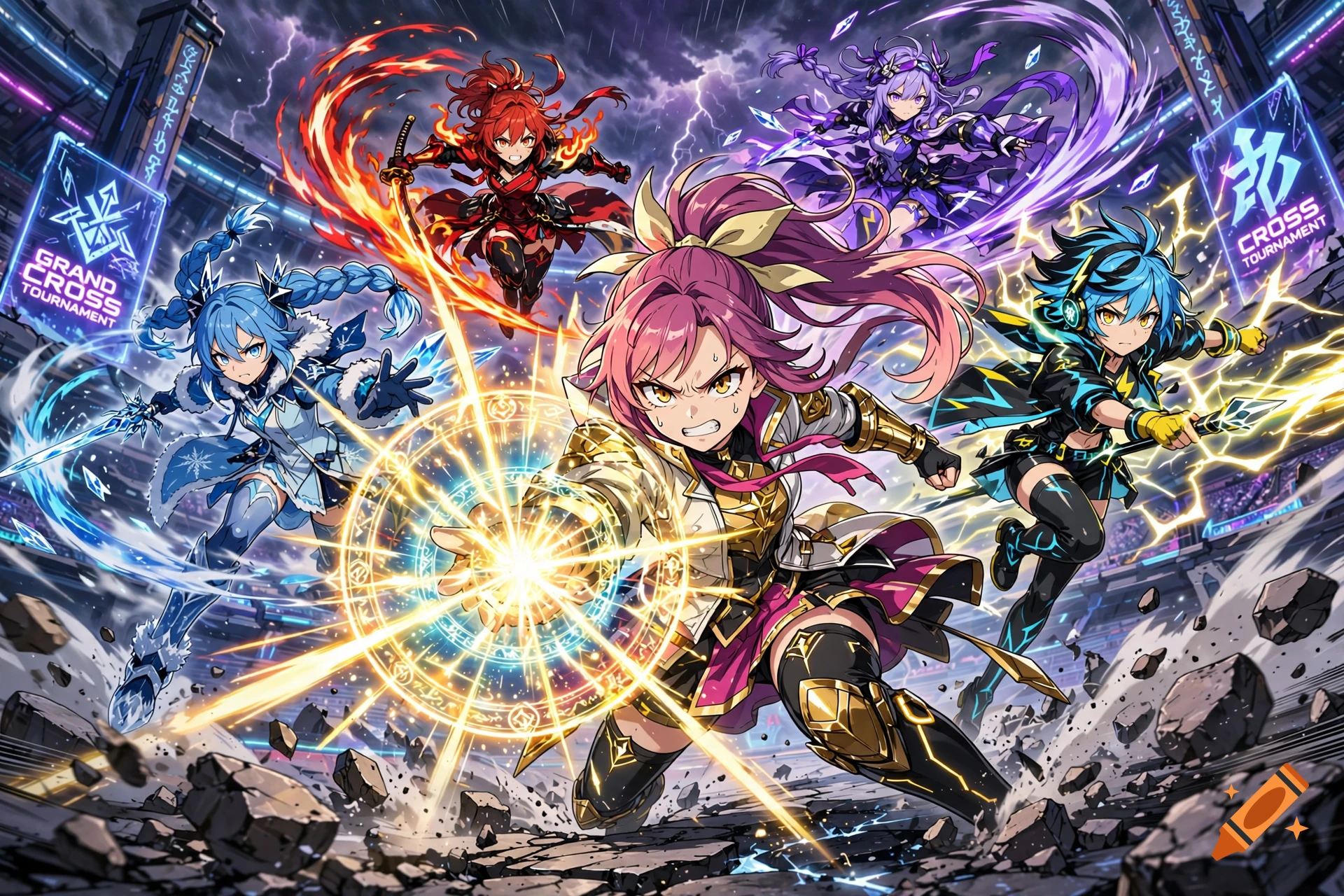 Dynamic anime style illustration of five colorful magical heroines in an arena with glowing energy effects and cracked ground.