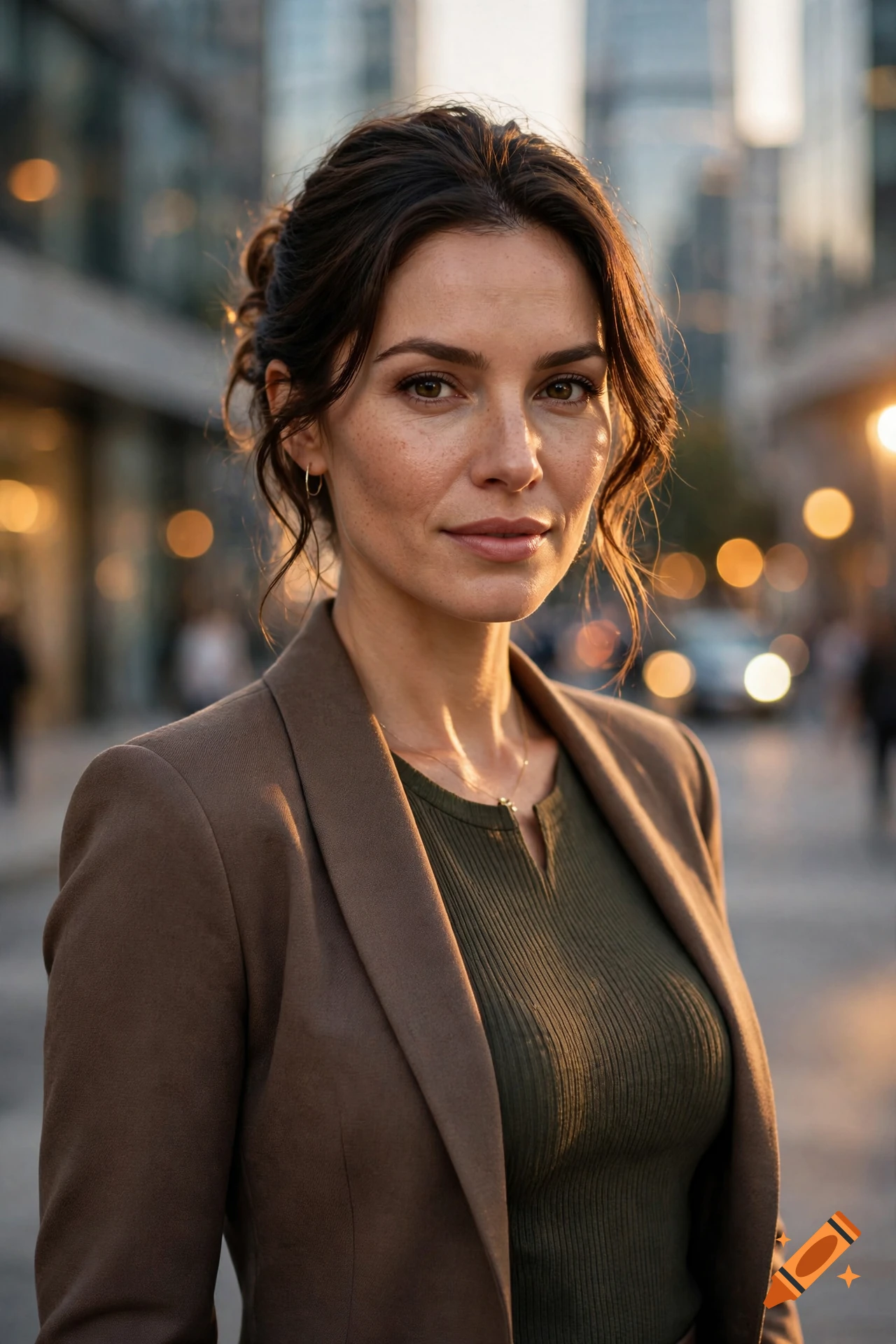 Photorealistic close-up portrait of a woman with brown hair and freckles wearing a blazer outdoors in the city at sunset.