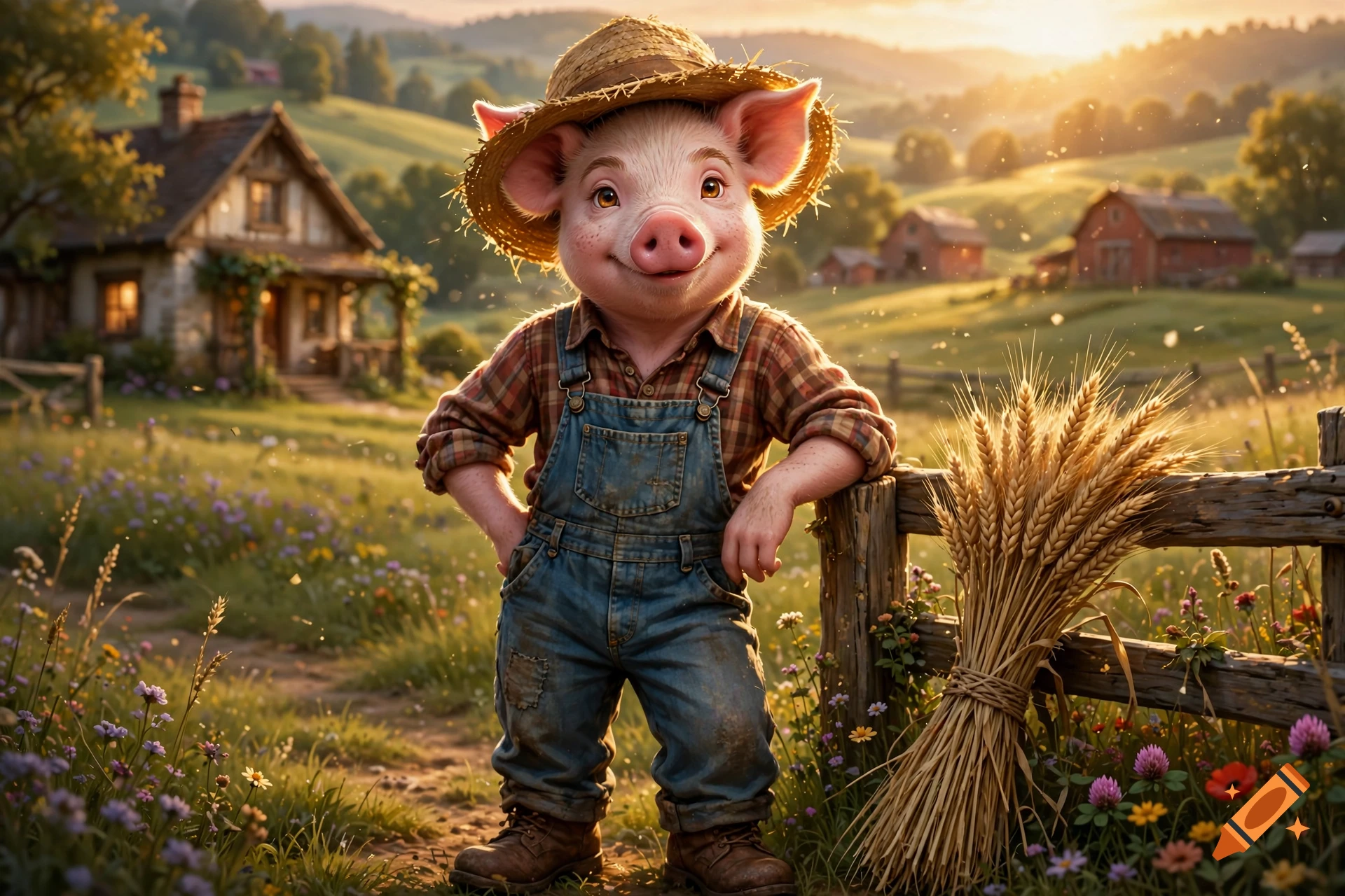 Anthro teenage pig wearing farmer clothes and a straw hat, standing in a sunny rural farm setting with a farmhouse and wheat.