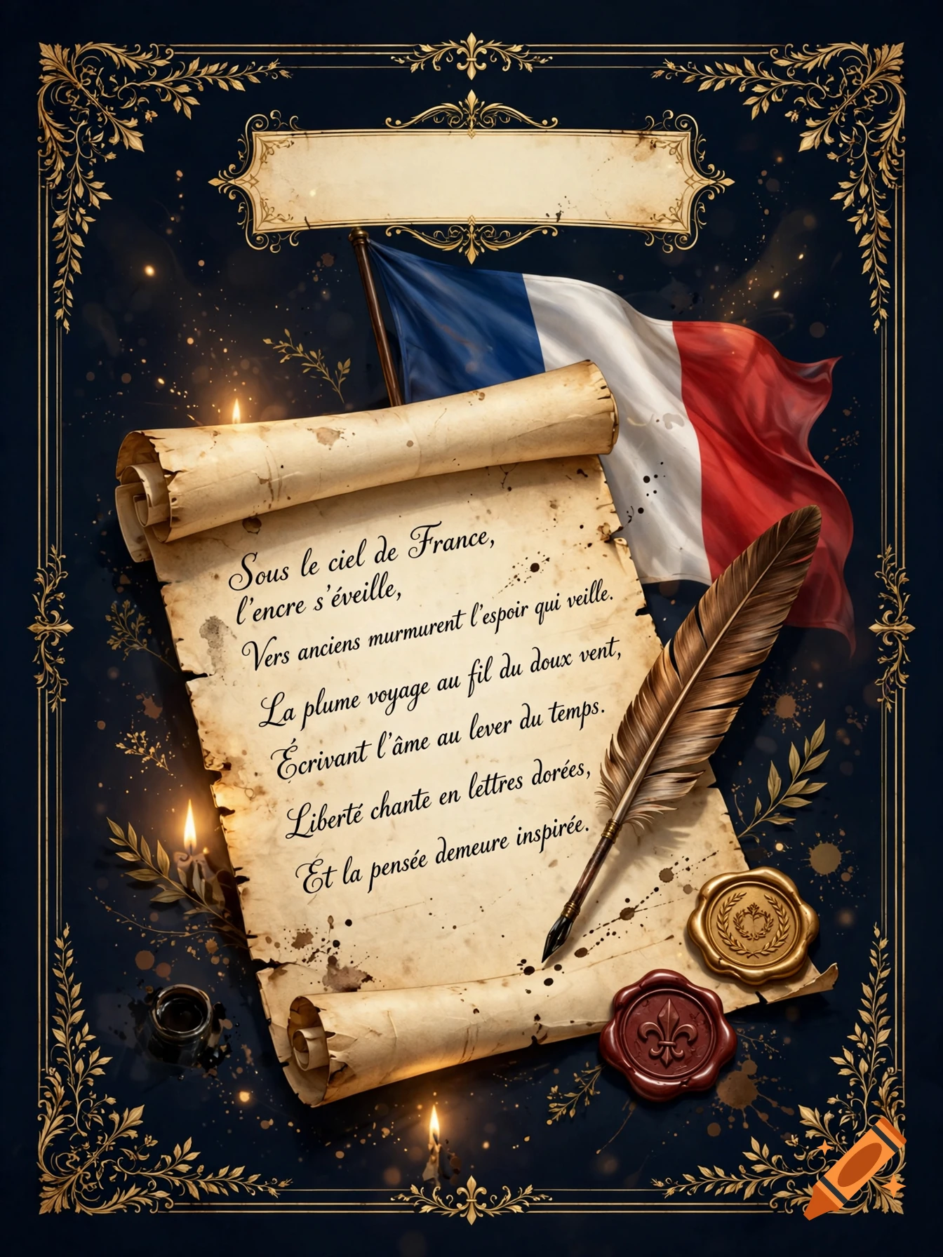 French themed school notebook cover with scroll poem, feather quill, wax seals, and French flag.