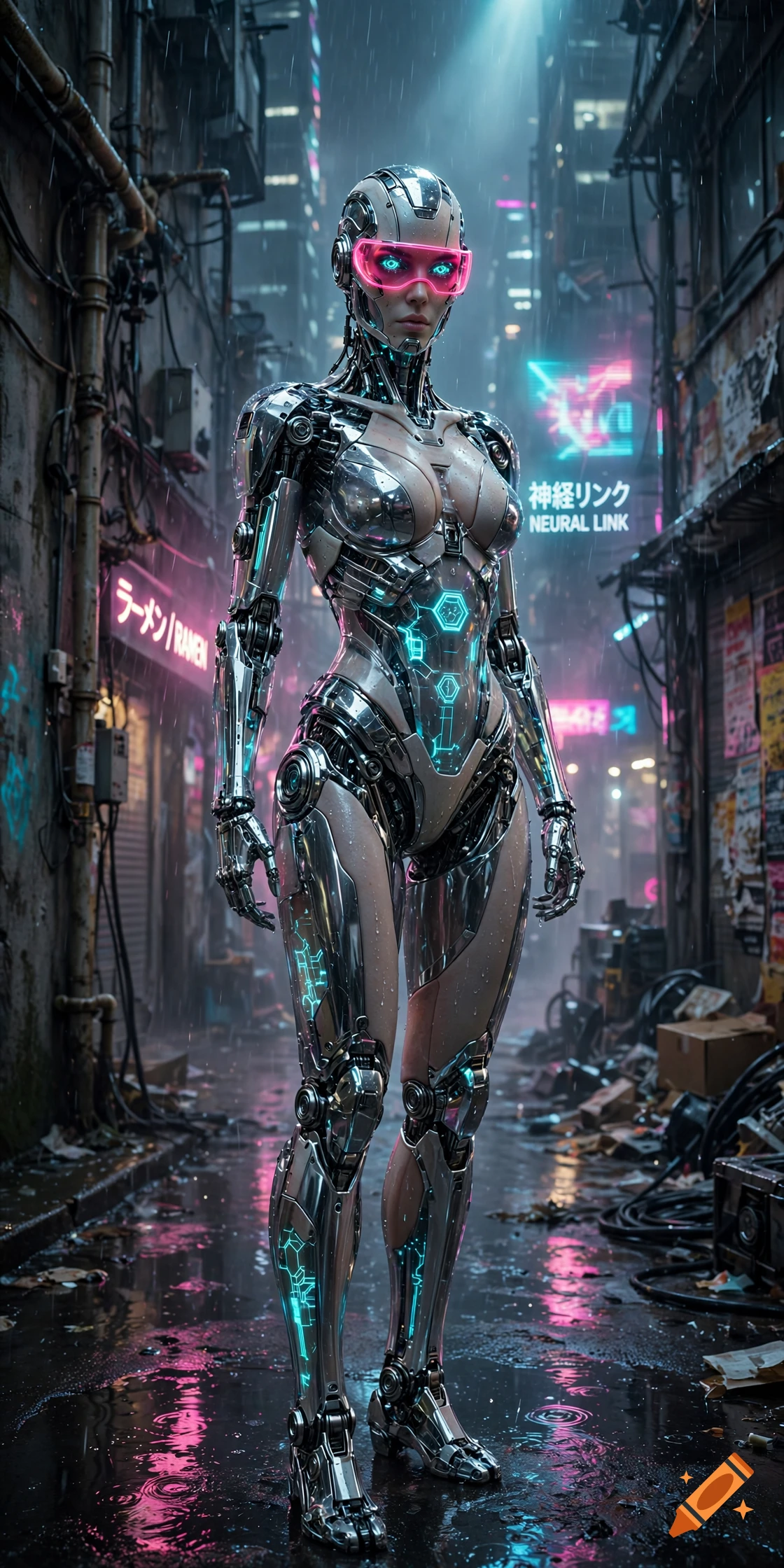 Photorealistic cyberpunk cyborg woman standing in a rain-slicked alleyway at night, surrounded by neon signs.