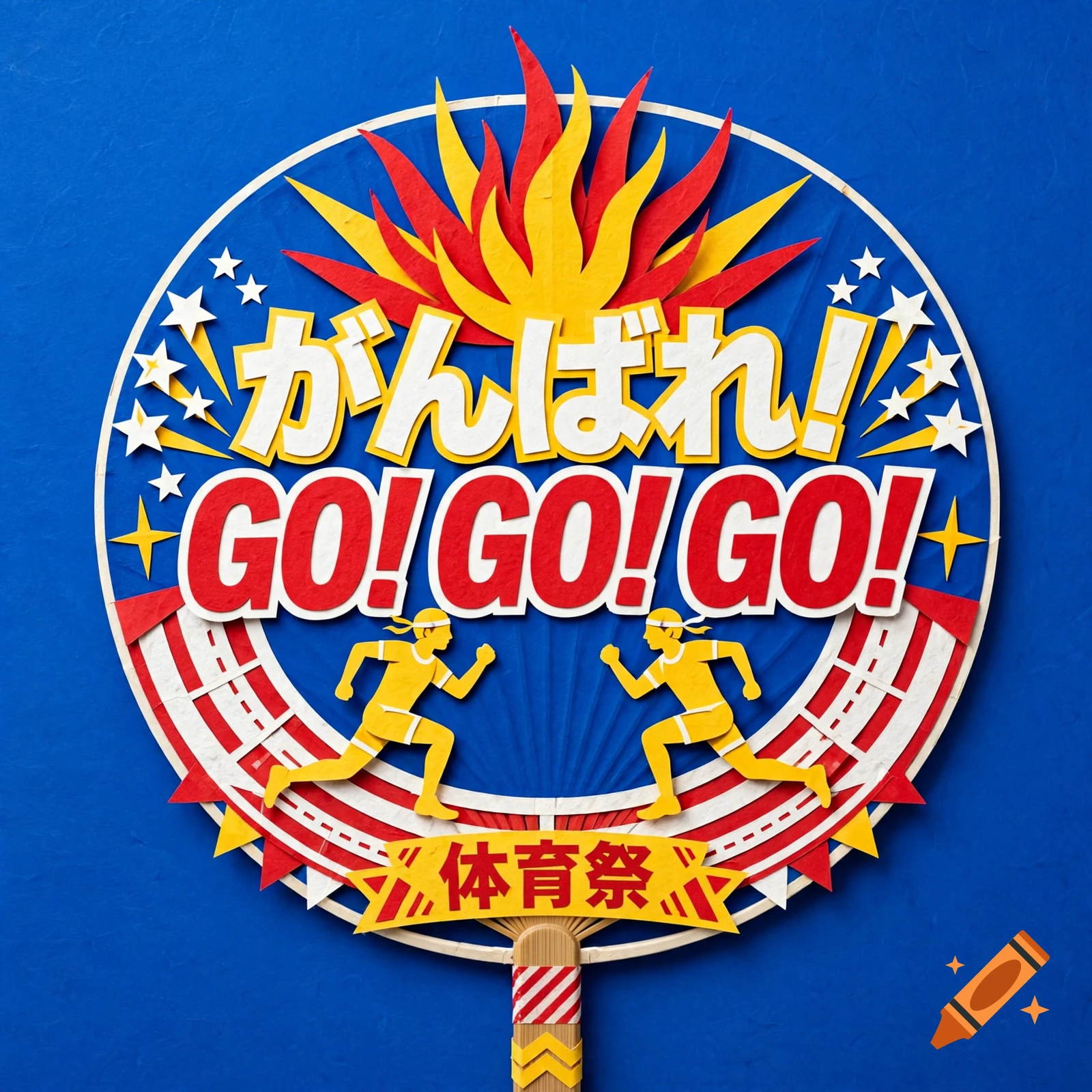 A papercraft-style Japanese uchiwa fan with blue background, red and yellow flames, two running figures, and Japanese text.