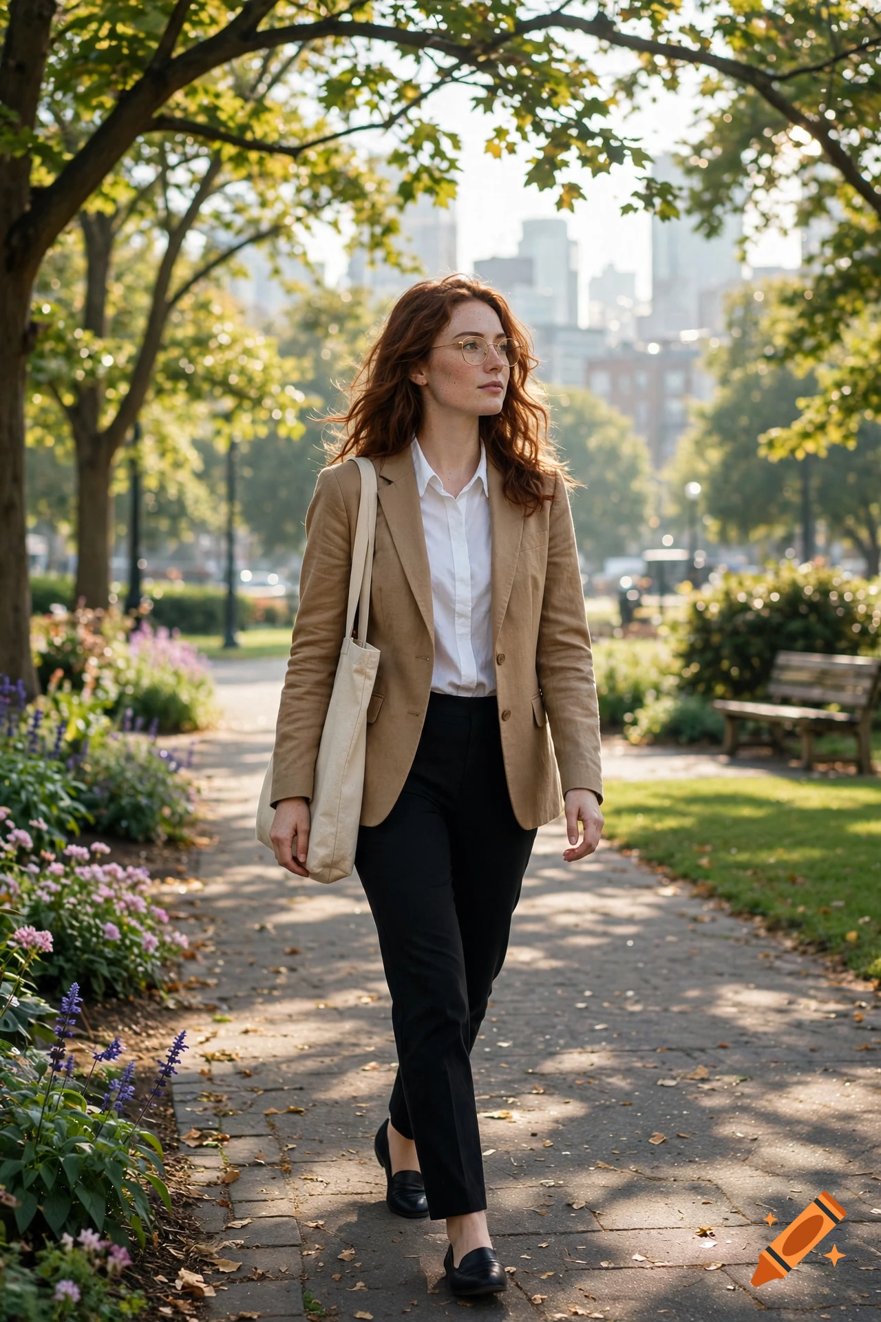 Photorealistic image of a young woman with auburn hair and glasses walking in a park, wearing a tan blazer, white shirt, and black slacks.