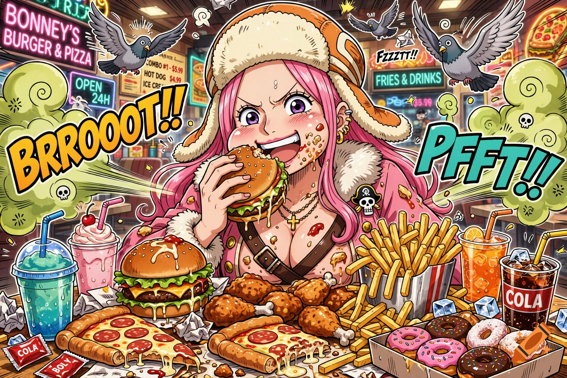 Anime style illustration of Jewelry Bonney from One Piece eating massive amounts of fast food in a restaurant with comic text bubbles.