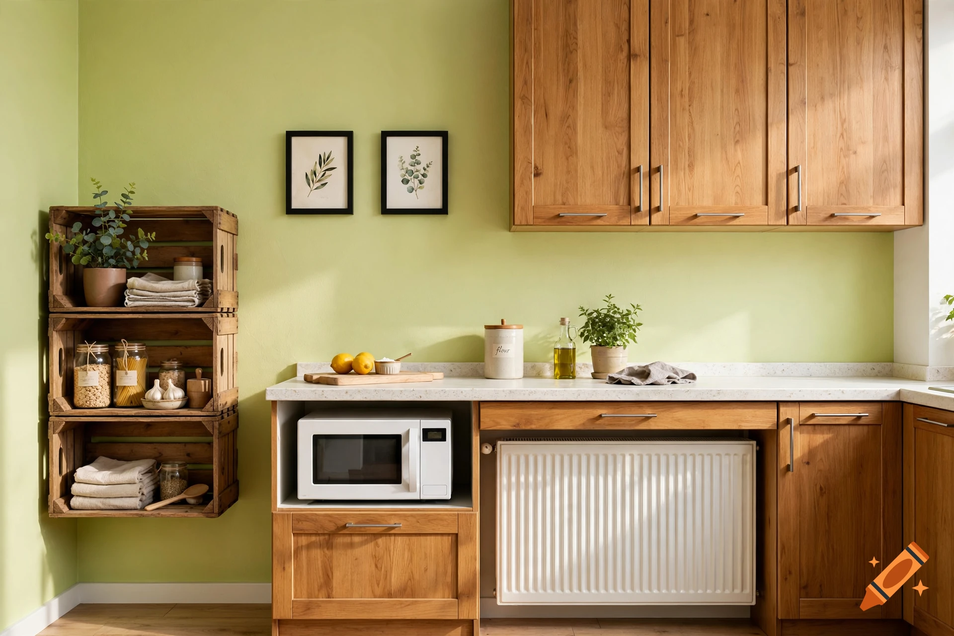 Photorealistic interior design photography of a cozy, functional kitchen with lime green walls and wooden cabinets.