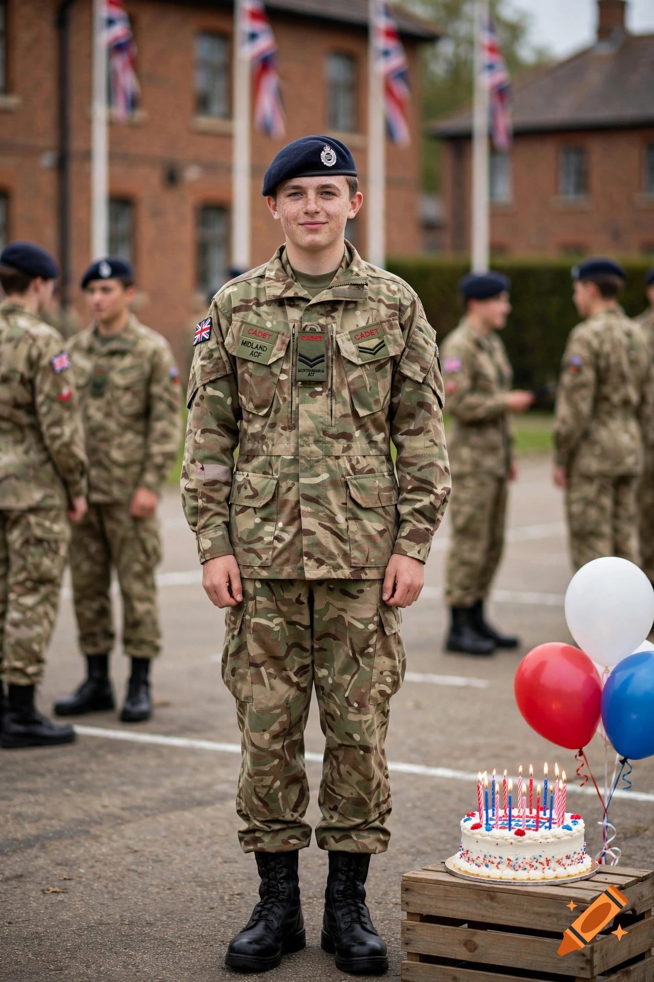 Photorealistic portrait of a young male army cadet in uniform standing outdoors with a birthday cake and balloons.