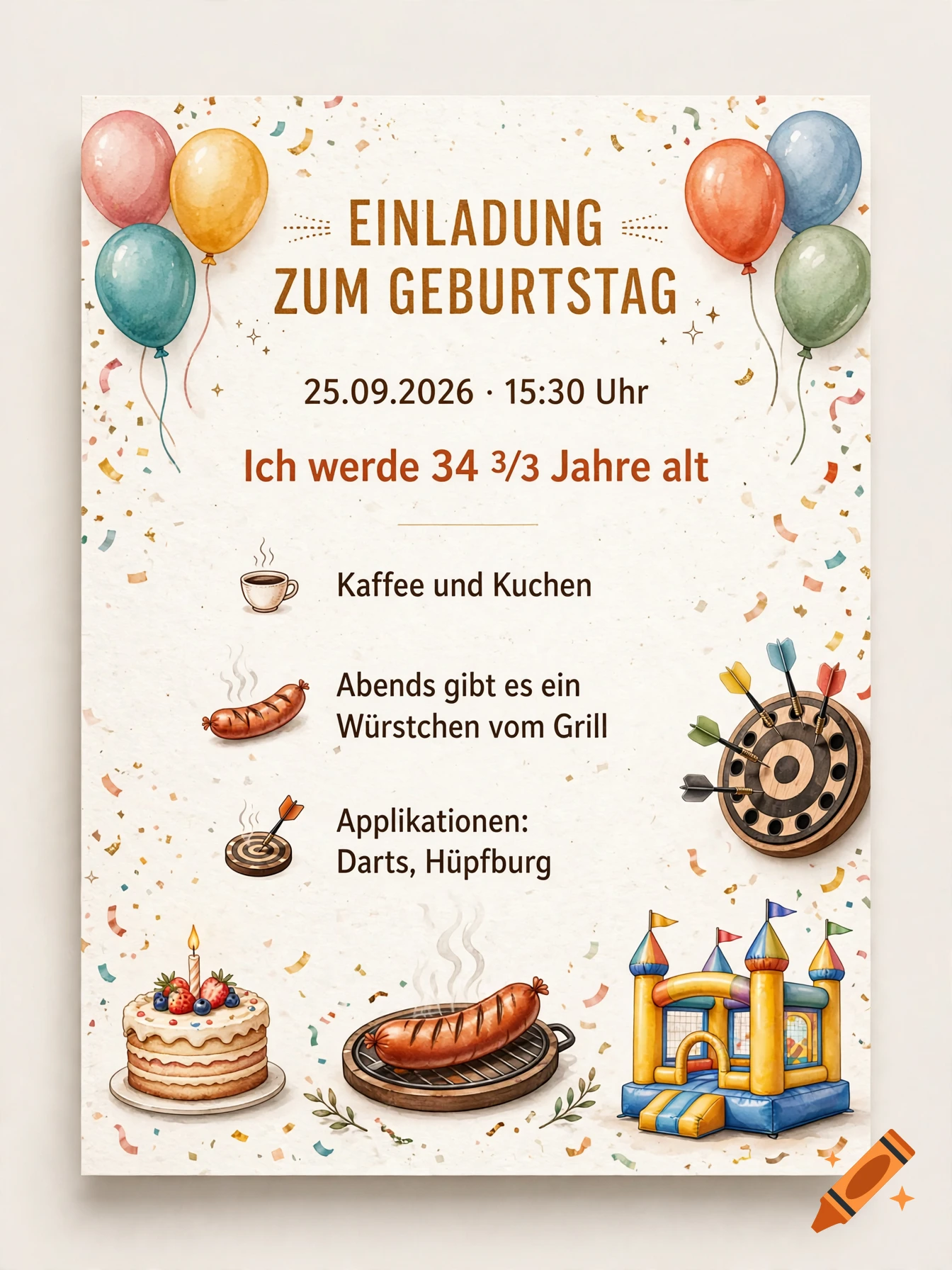 Watercolor birthday party invitation with balloons, cake, grill, and bouncy castle.