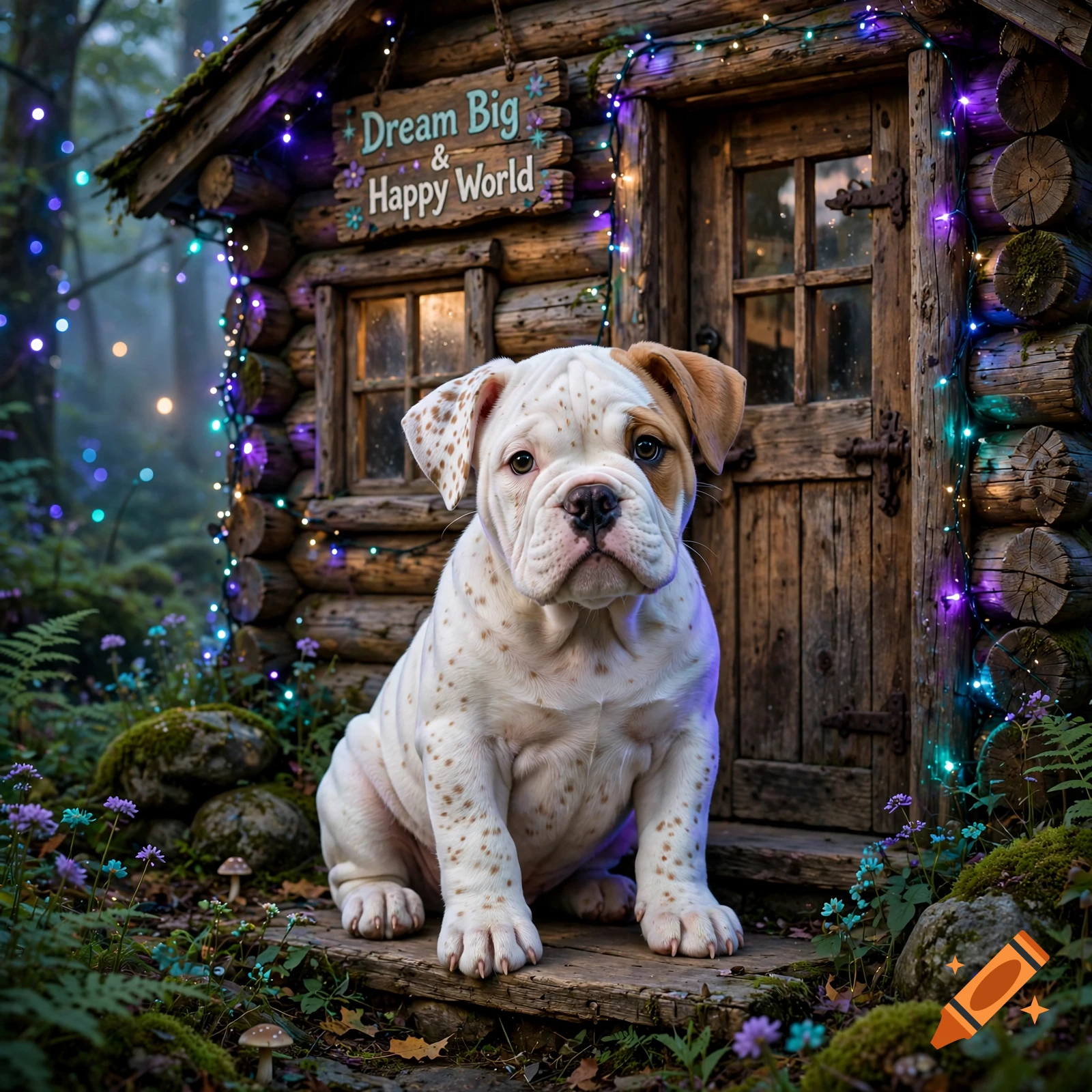 An adorable English bulldog puppy sitting on the wooden porch of a magical log cabin decorated with glowing fairy lights in a forest.