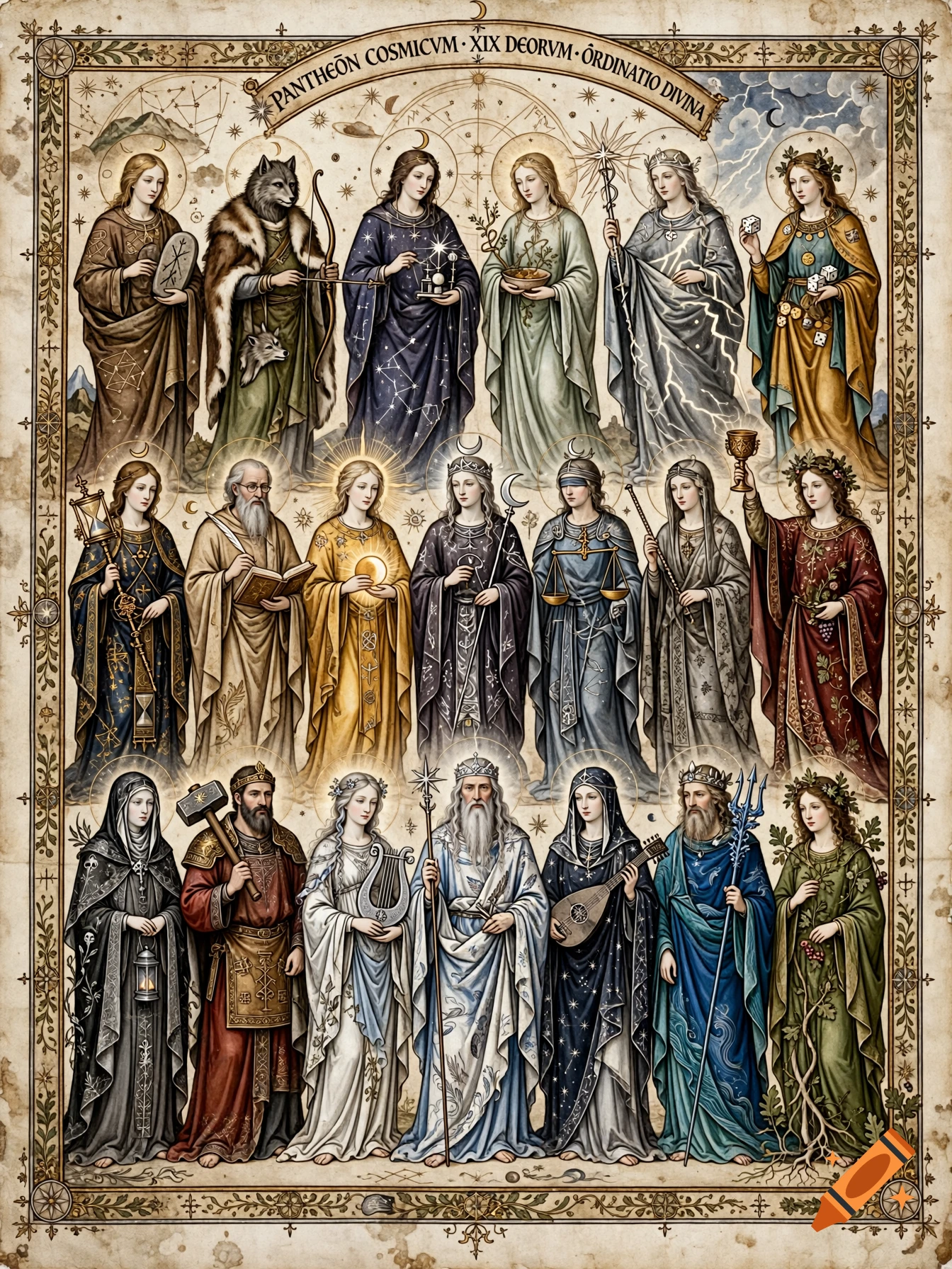 An epic medieval style parchment illustration depicting nineteen cosmic deities in an ancient divine pantheon.