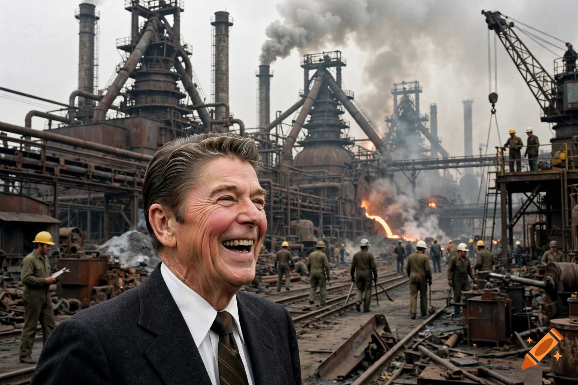 Photorealistic 1970s style image of Ronald Reagan smiling and laughing in the foreground with an industrial steel smelting factory producing smog in the background.