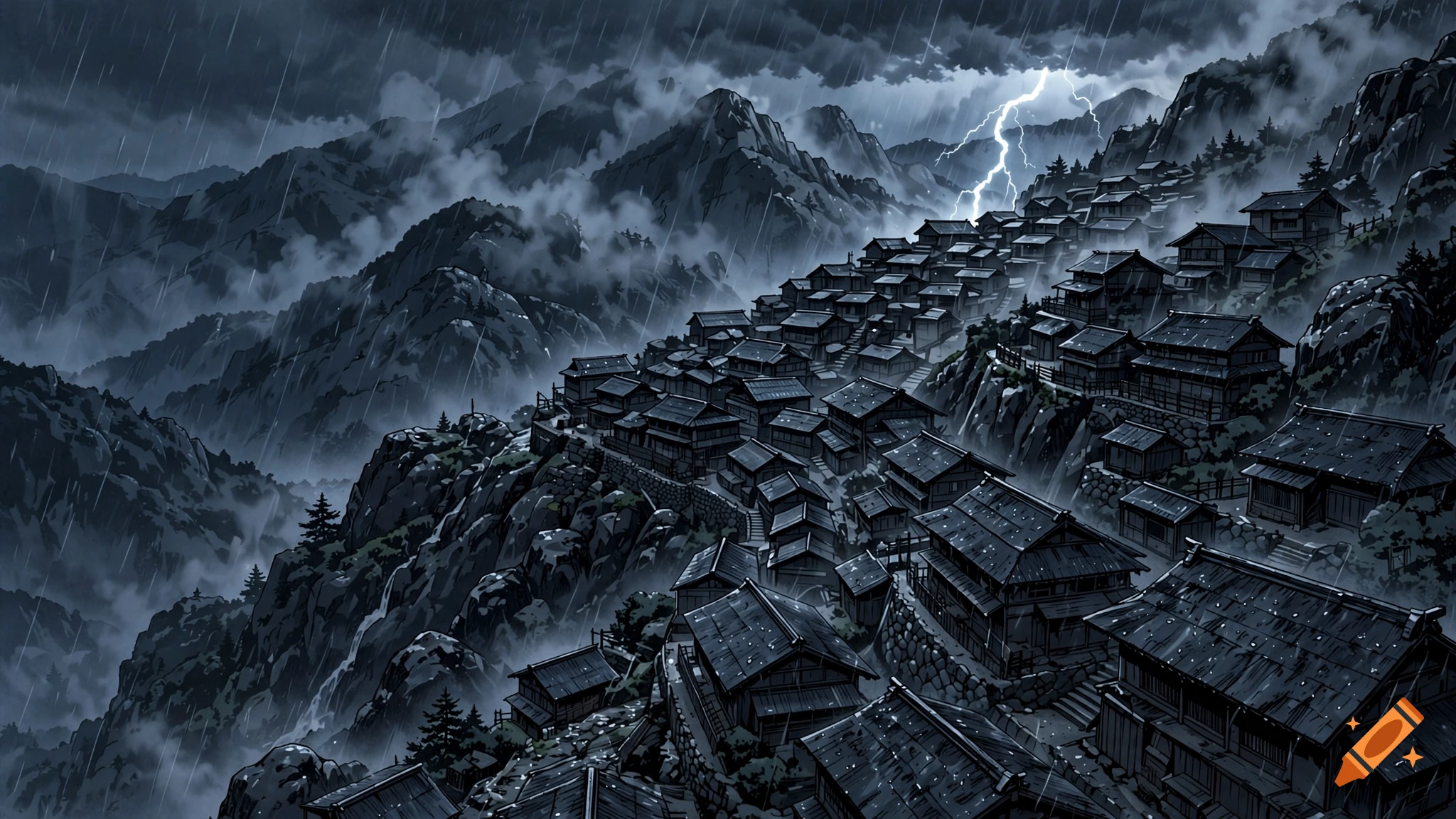 Dark blue-gray anime style wide shot of a traditional mountain village clinging to a rocky slope during a heavy rainstorm with lightning.