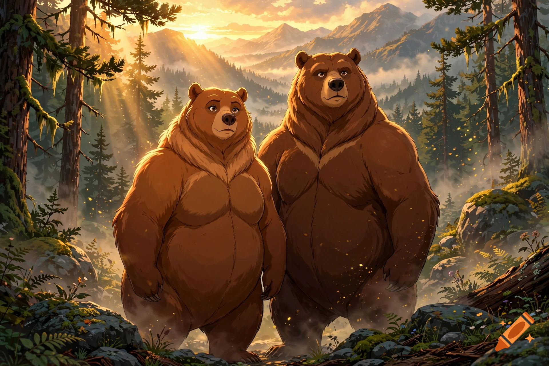 Two anthropomorphic bears, Nita and Kenai, standing in a lush forest with mountains in the background at sunset, in Disney animation style.