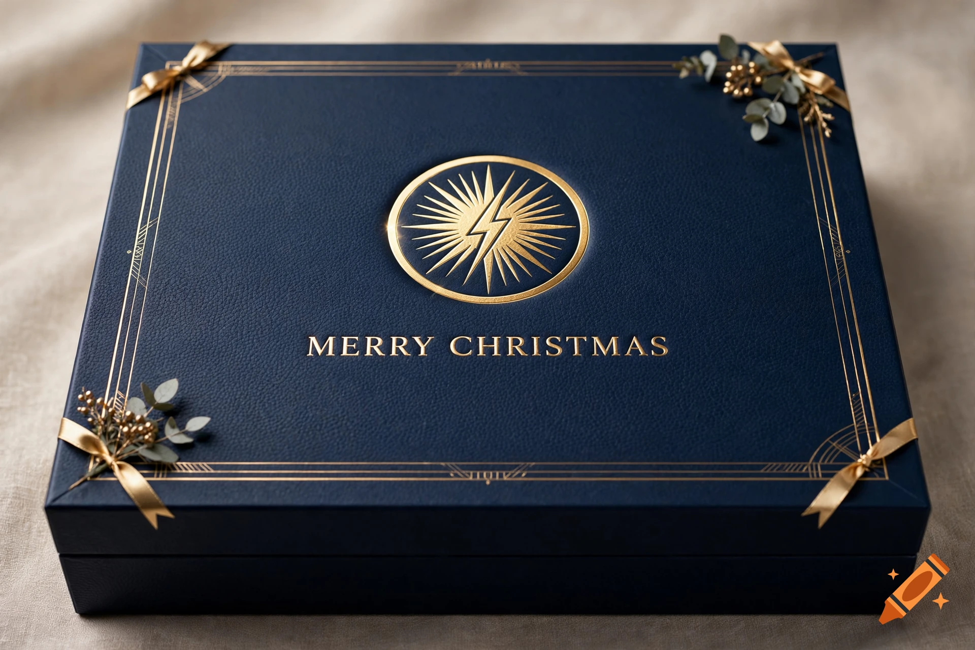 A luxury midnight blue corporate Christmas gift box with gold foil stamping and ribbons on a neutral background.