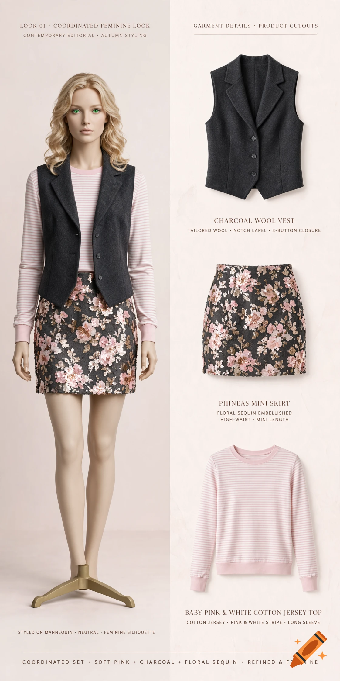 Fashion lookbook presentation with a mannequin wearing a charcoal vest over a pink-striped top and floral skirt, alongside item cutouts and labels.
