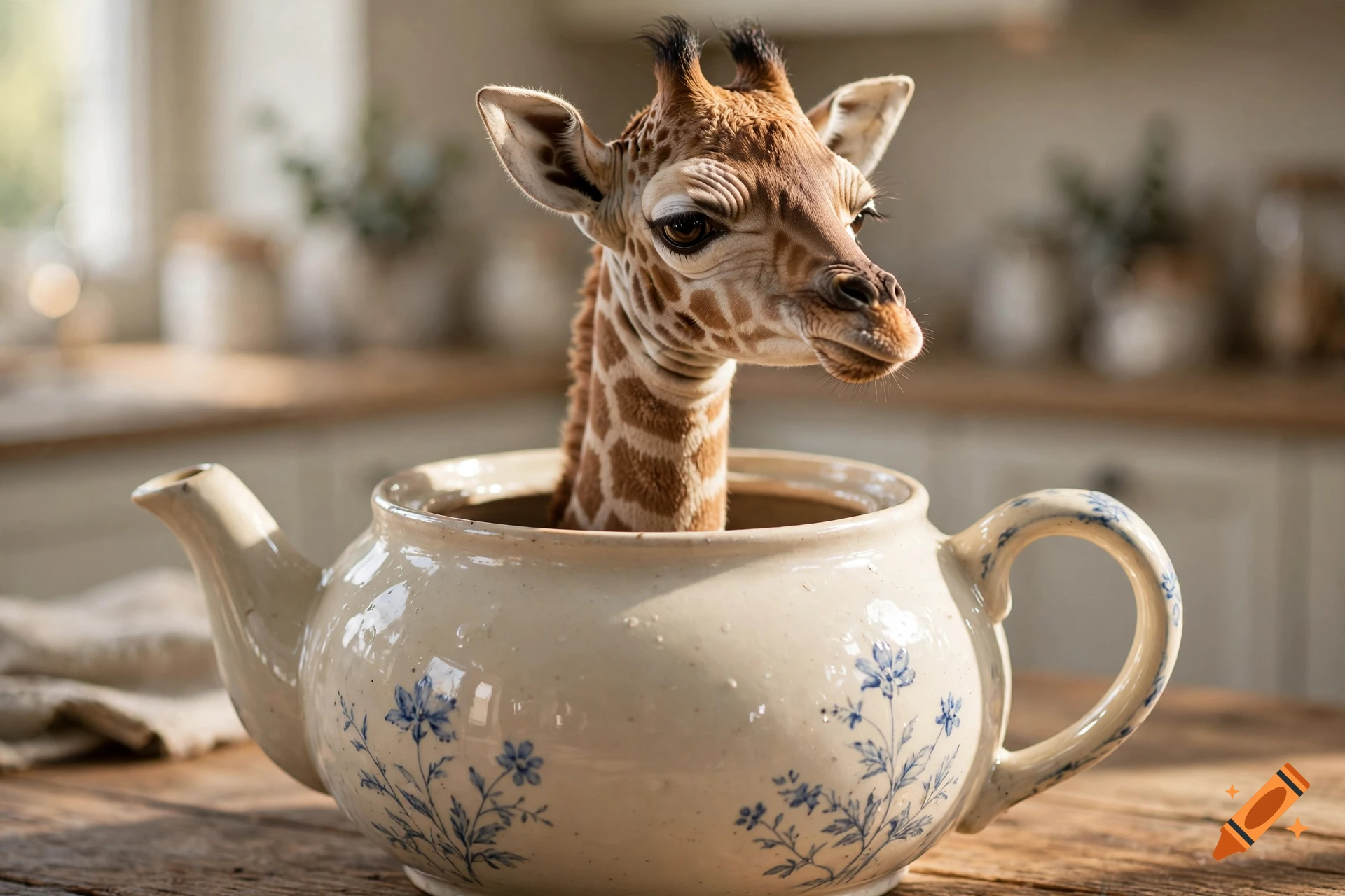 A baby giraffe peeking out from inside a vintage white teapot with blue floral patterns on a wooden kitchen table, photorealistic.