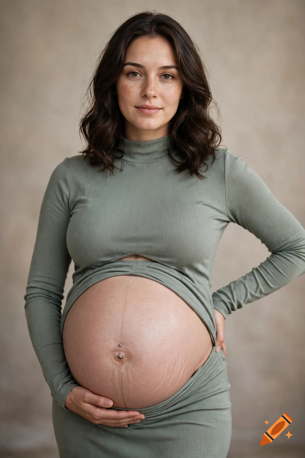 Photorealistic studio portrait of a pregnant woman wearing a long-sleeve green top, holding her baby bump.