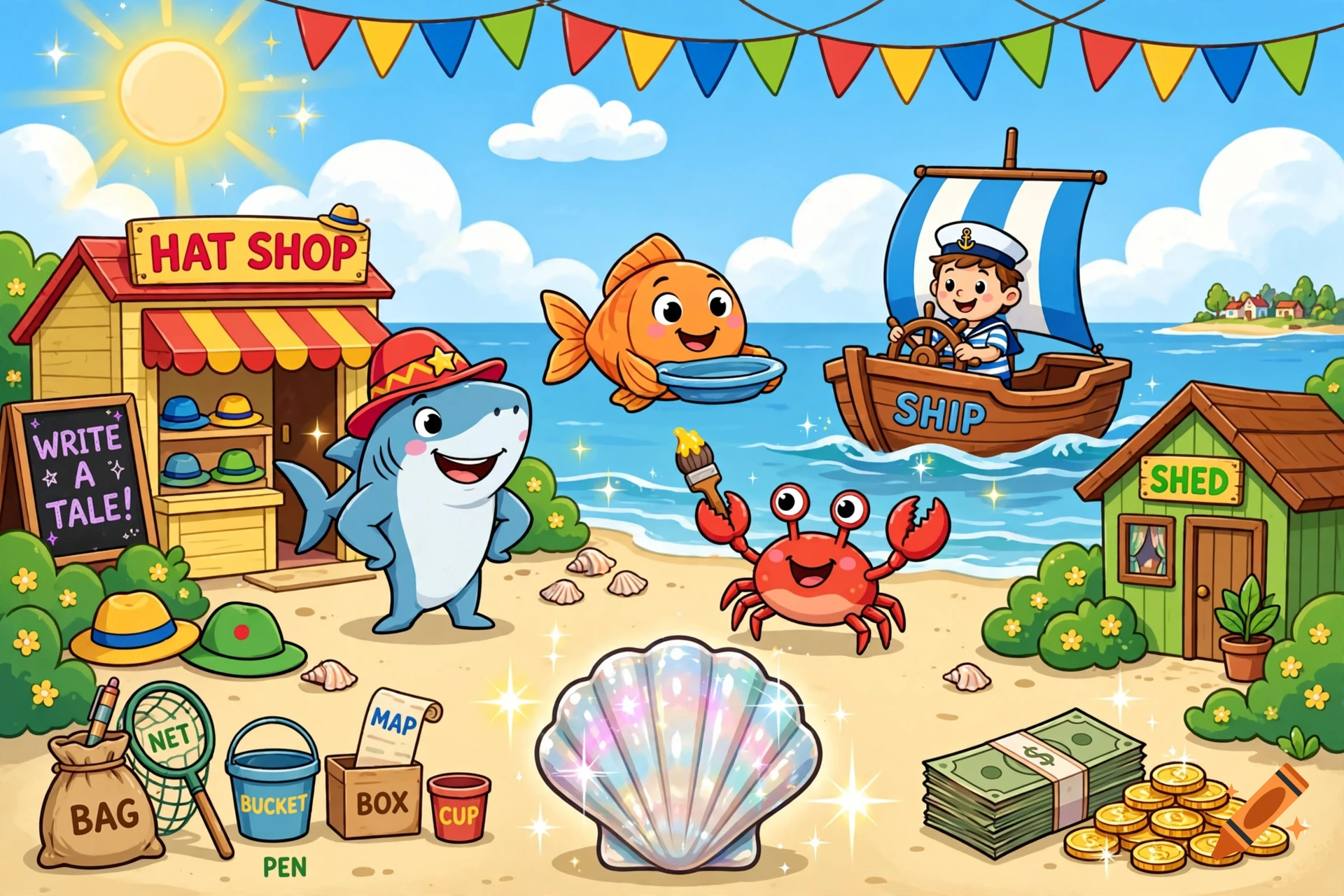 Colorful cartoon illustration of a sunny beach scene with a smiling shark, fish, crab, sailor in a boat, and various items.