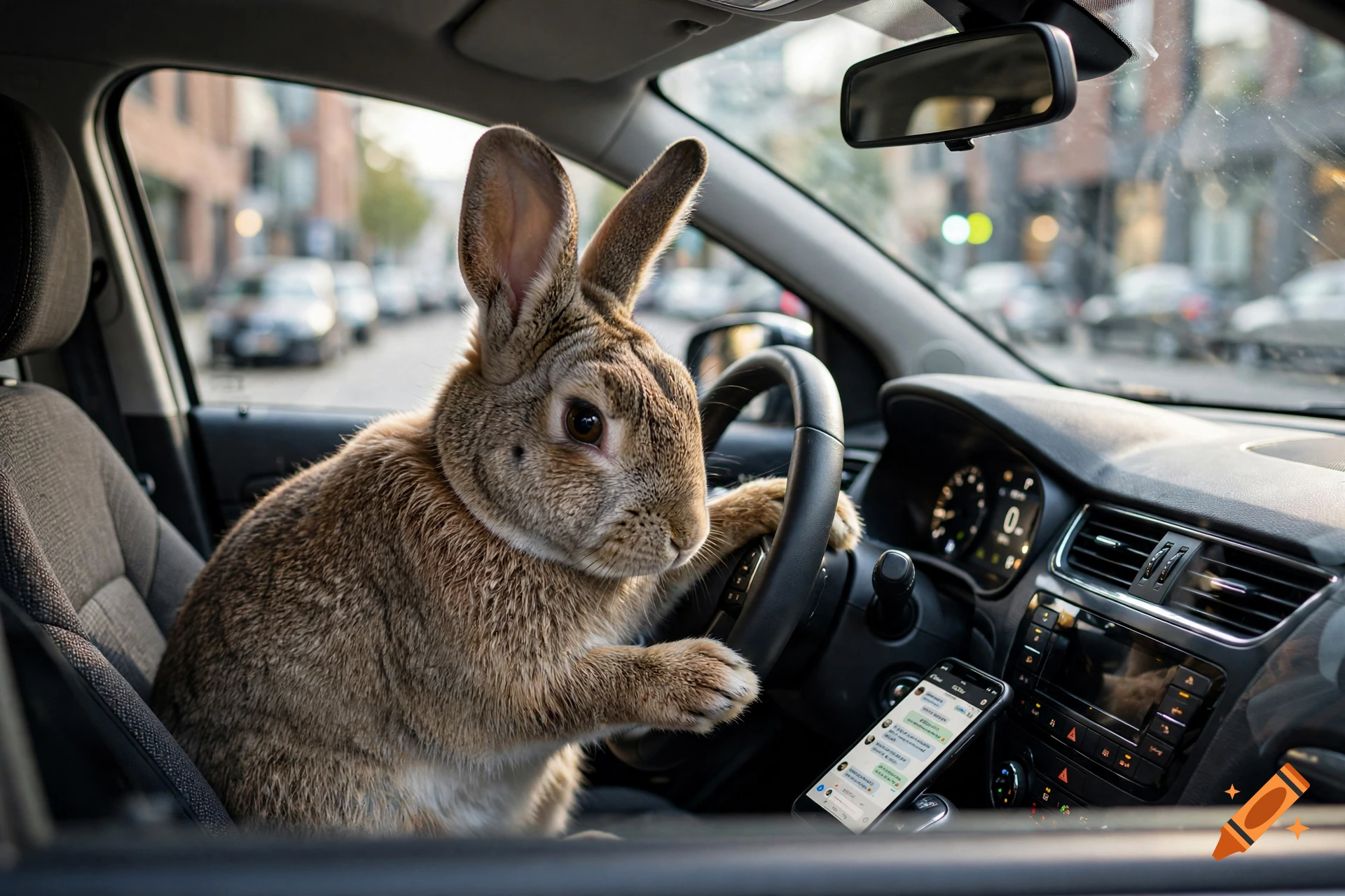 Photorealistic image of a brown rabbit driving a car while looking at a smartphone.