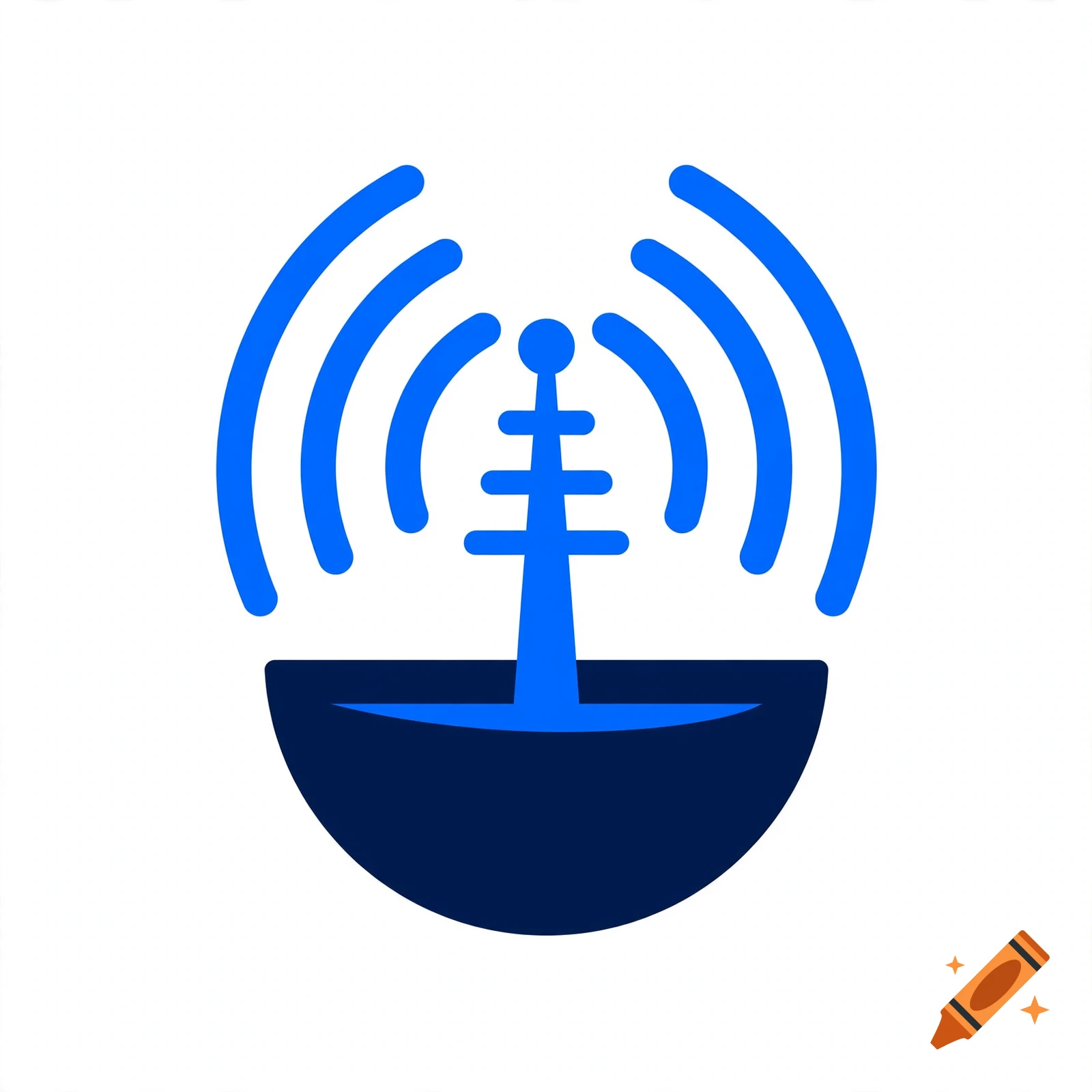 A blue and dark blue logo depicting a satellite dish with signal waves, minimalist style.