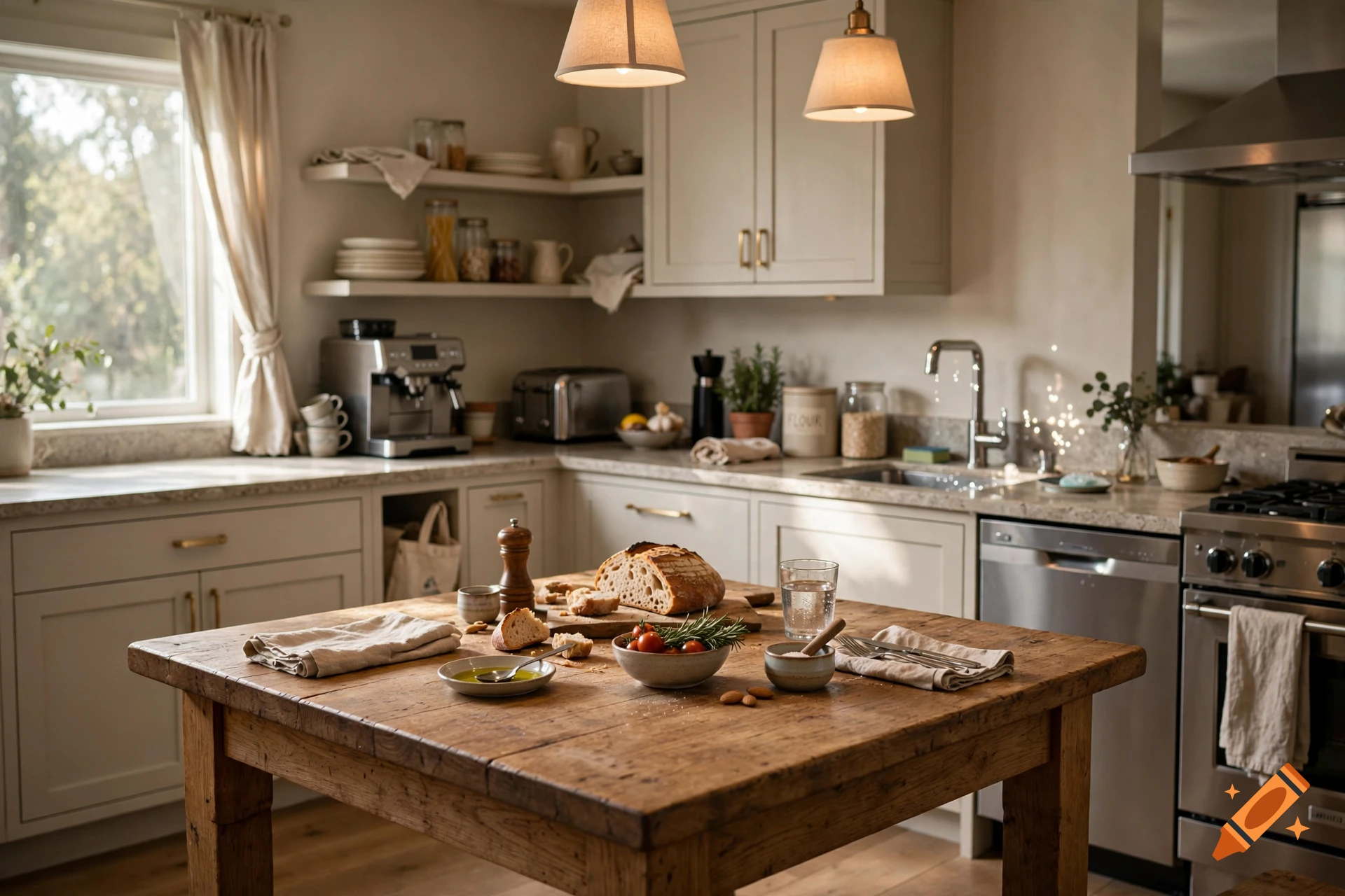Photorealistic kitchen interior with a wooden table featuring bread, tomatoes, and olive oil, and warm pendant lighting above.