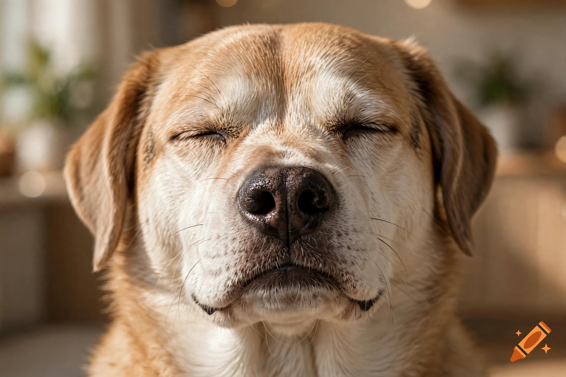 Close-up photorealistic portrait of a golden retriever with eyes closed and lips tucked in.