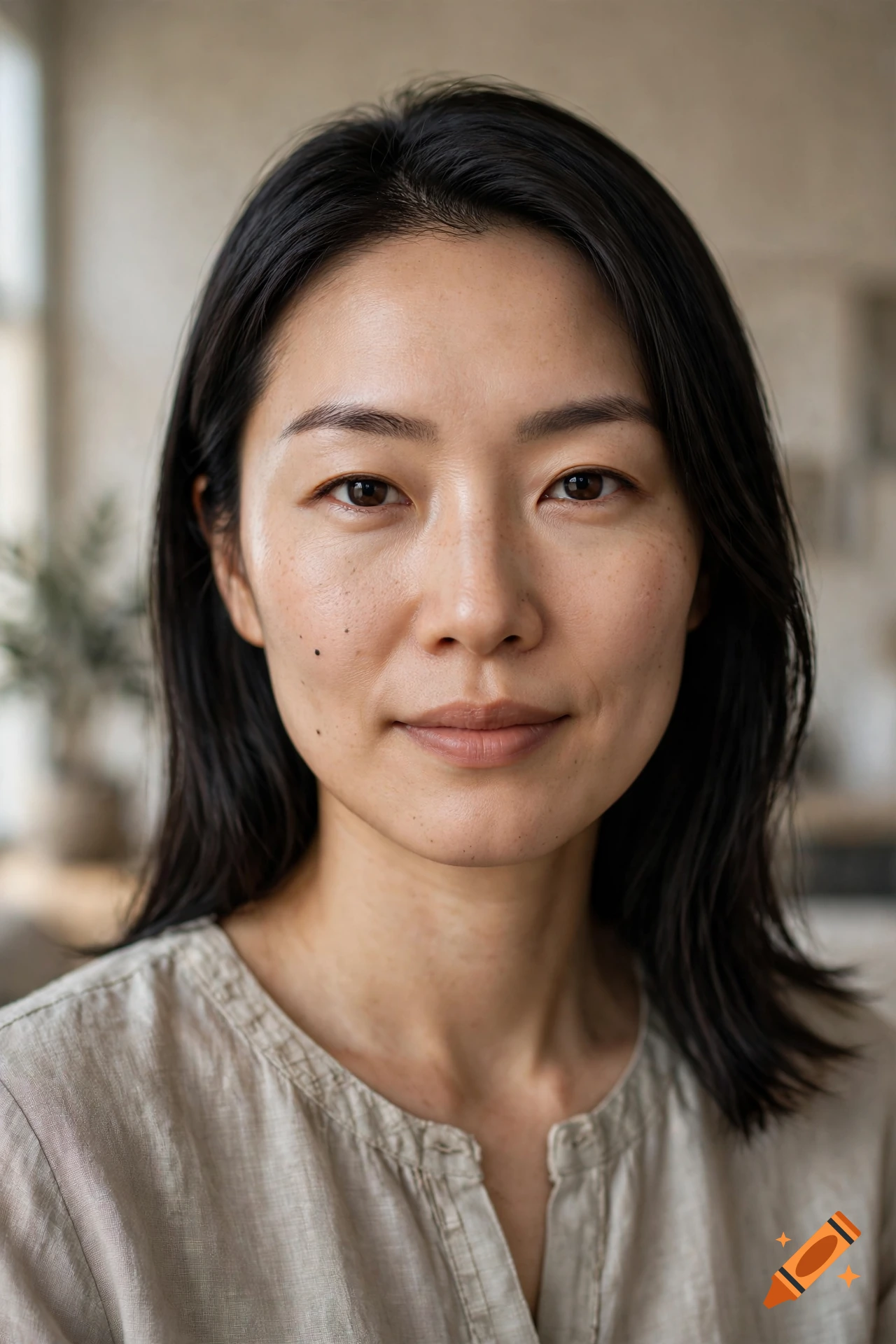 Close-up portrait of an Asian woman with dark hair and a neutral expression in a softly lit room.