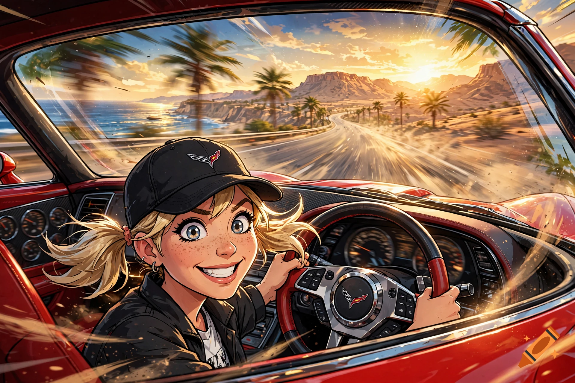 Cartoon-style illustration of a cute blonde woman with pigtails driving a red corvette along a coastal highway at sunset.