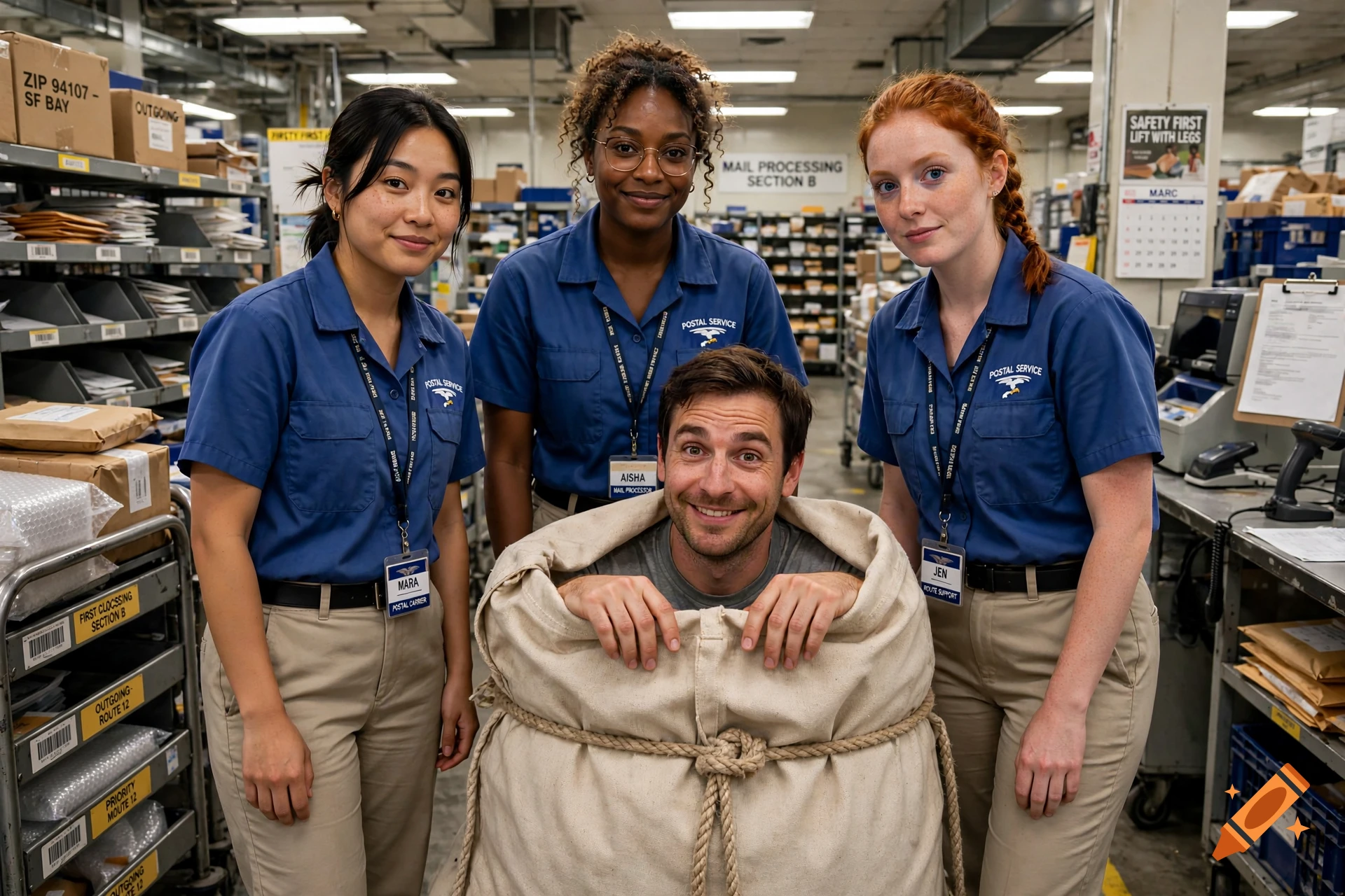 Photorealistic image of three postal workers smiling next to a man tied up inside a mail sack in a sorting facility.