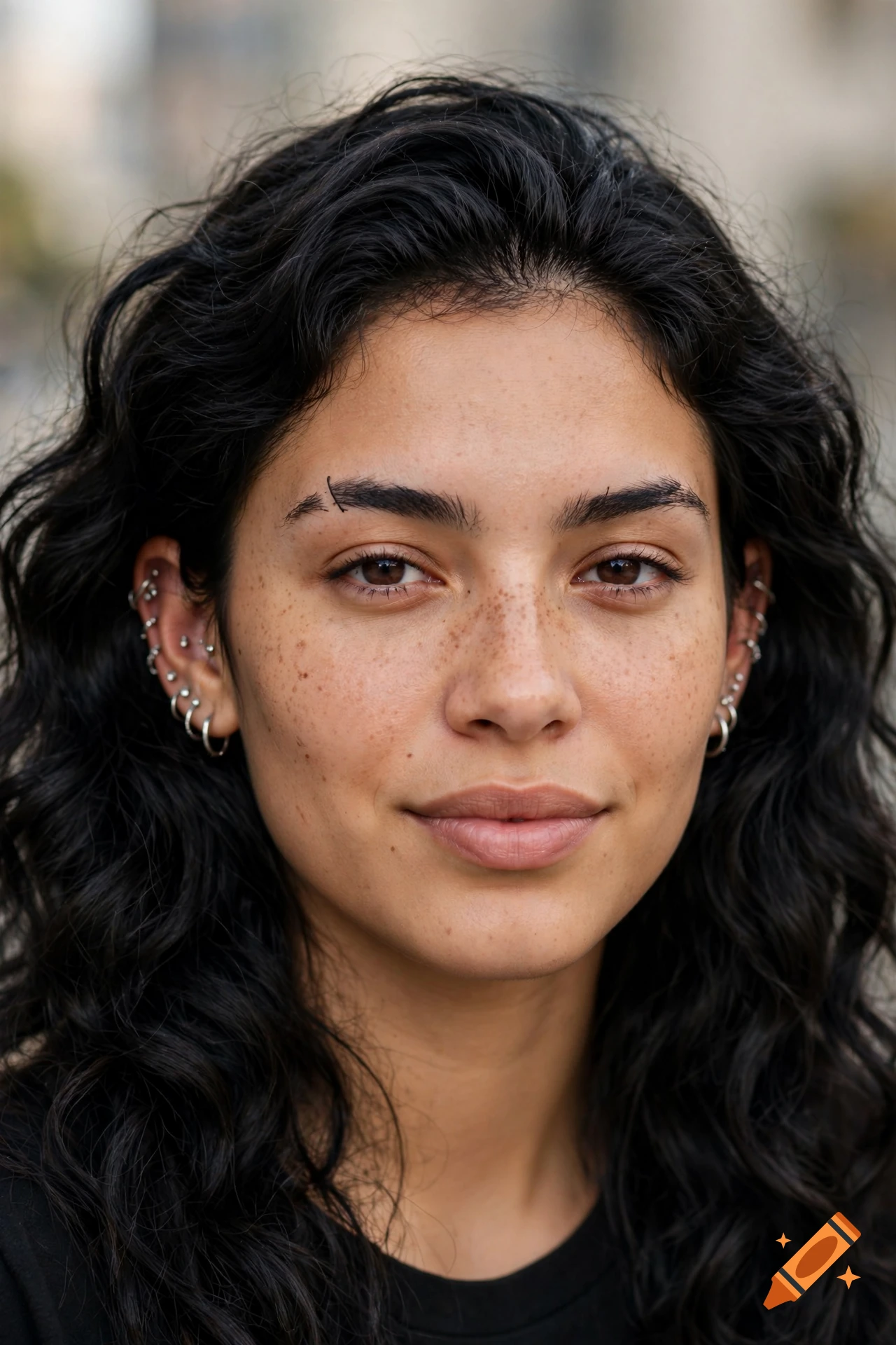 Close-up photorealistic portrait of a young woman with dark wavy hair, facial freckles, and multiple silver earrings.