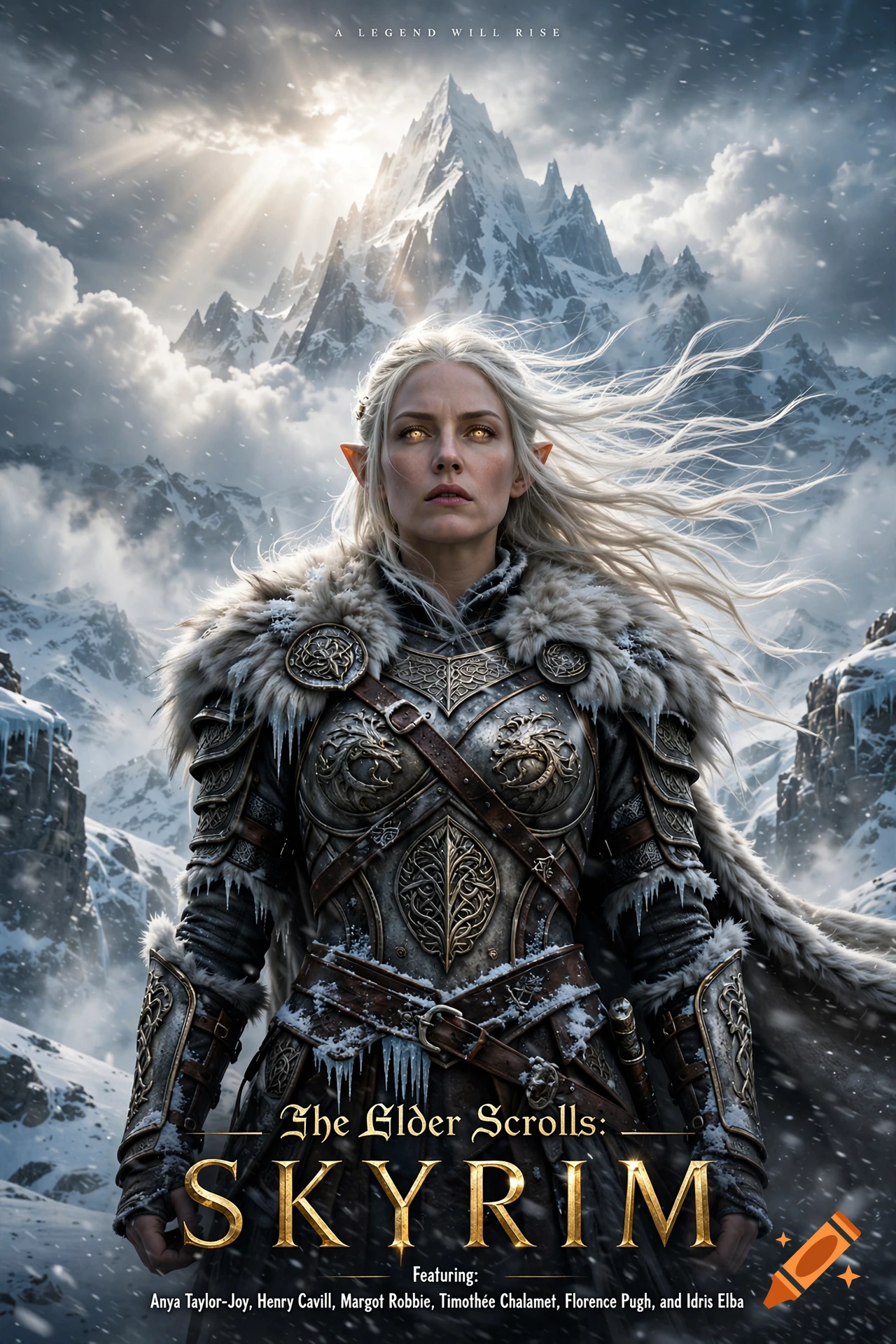Cinematic movie poster for The Elder Scrolls Skyrim featuring a female High Elf warrior in Nordic armor on a snowy mountain.