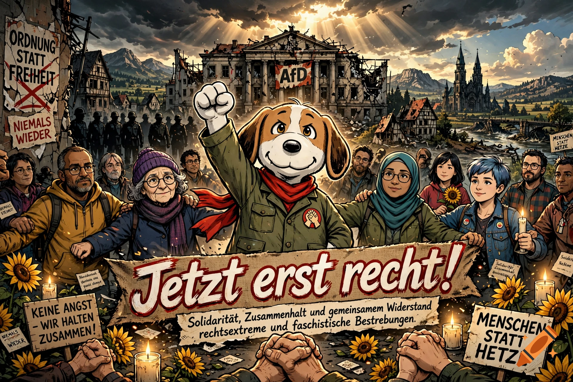 Comic illustration of a beagle in a military jacket leading a diverse group of protestors with signs and sunflowers in front of a ruined building.