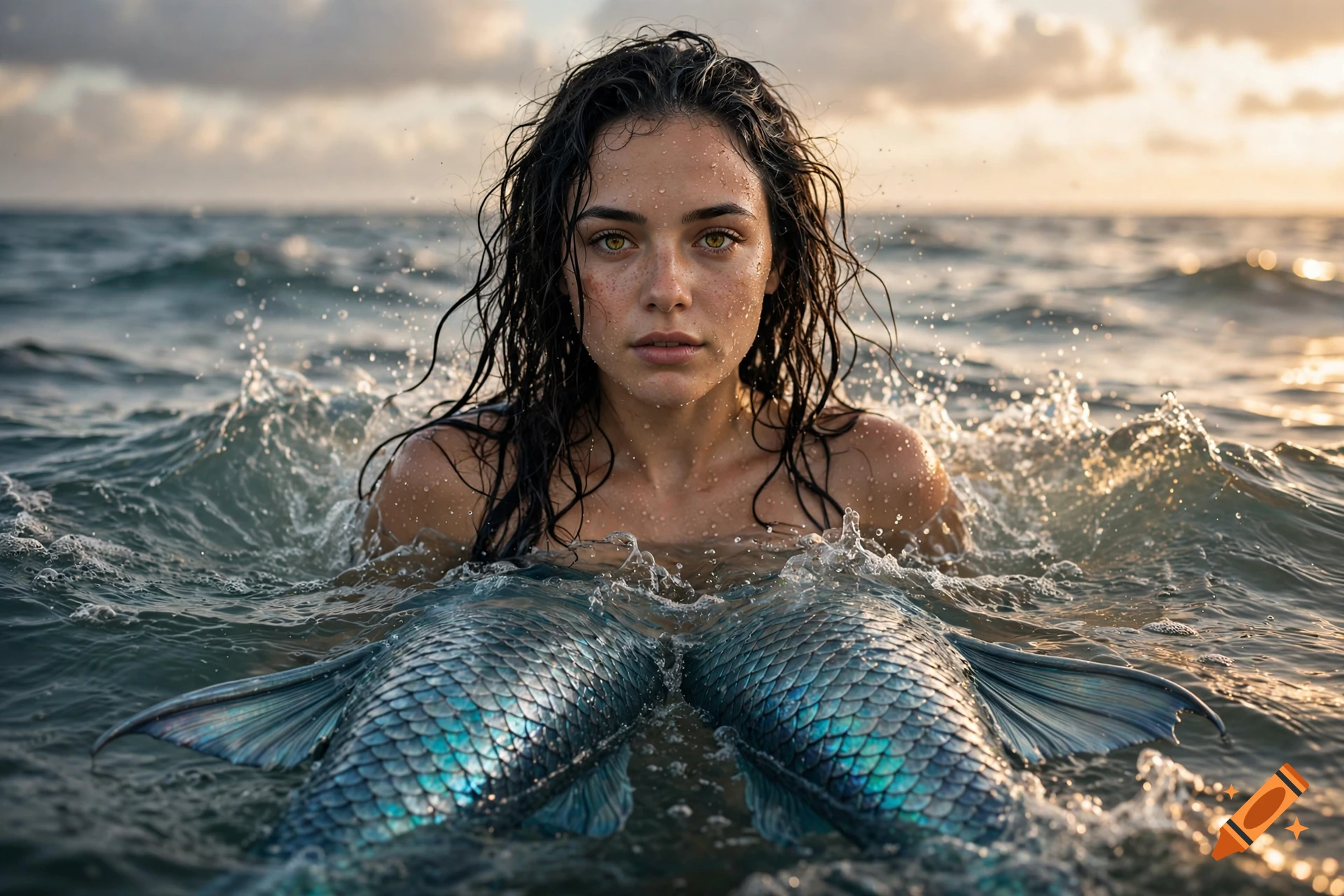 Photorealistic depiction of a two-tailed mermaid rising from the ocean waves at sunset.