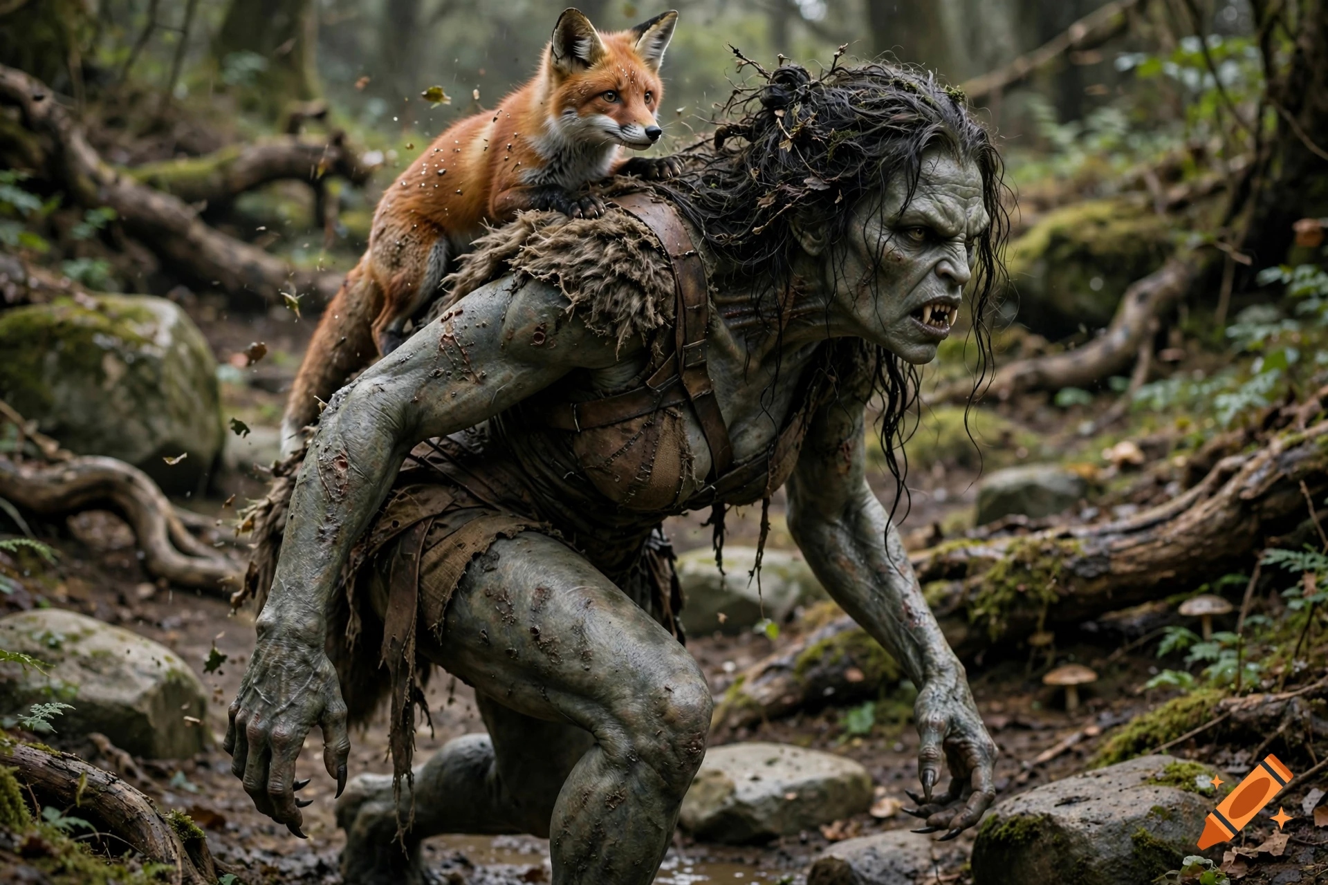 Photorealistic image of a cute red fox riding on the back of a terrifying green monster woman in a misty forest.
