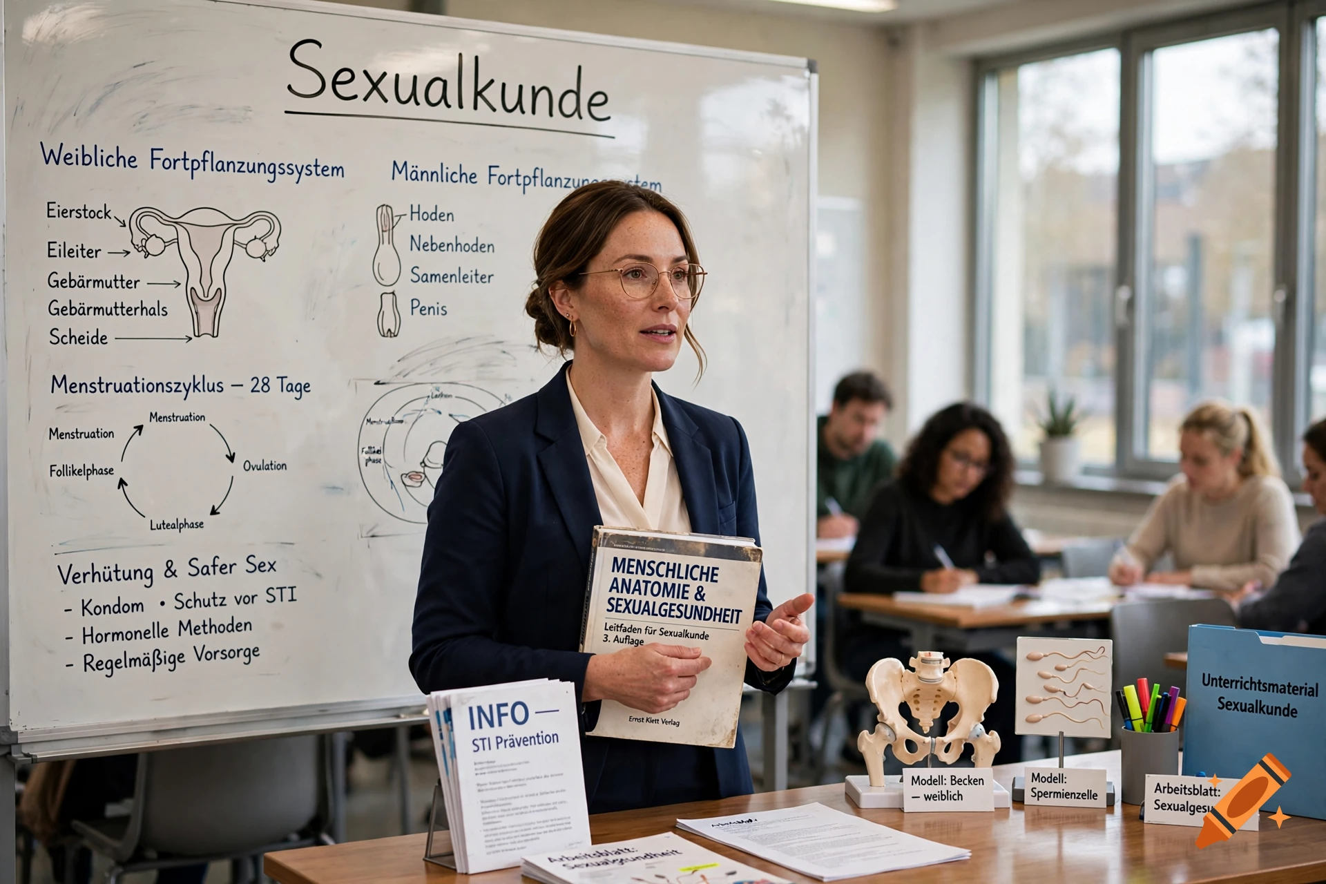 Photorealistic image of a female teacher in a classroom presenting a lesson on sexual education with diagrams and anatomy models.