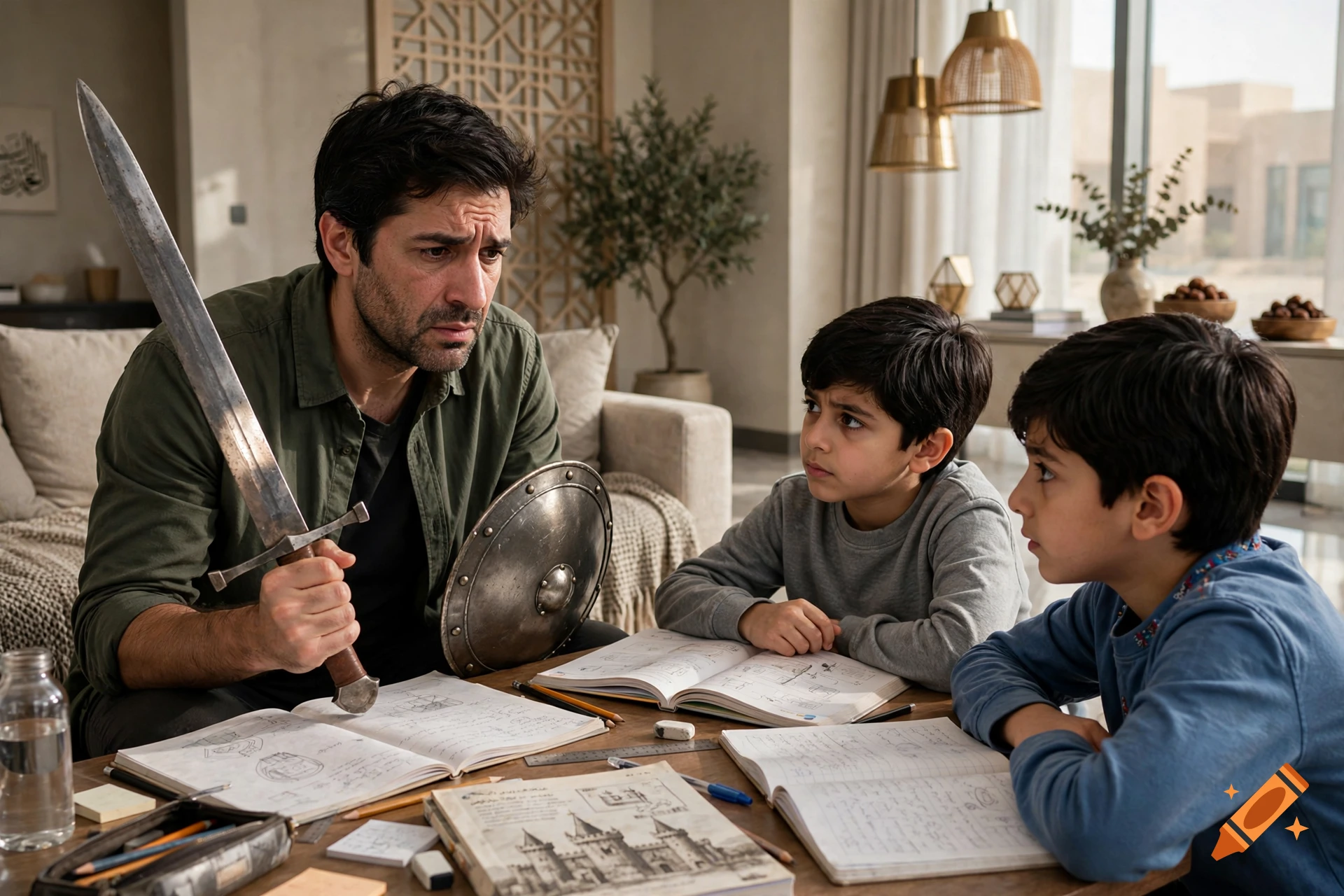 Photorealistic scene of a man holding a sword and shield, looking stressed, while two boys study notebooks at a table.