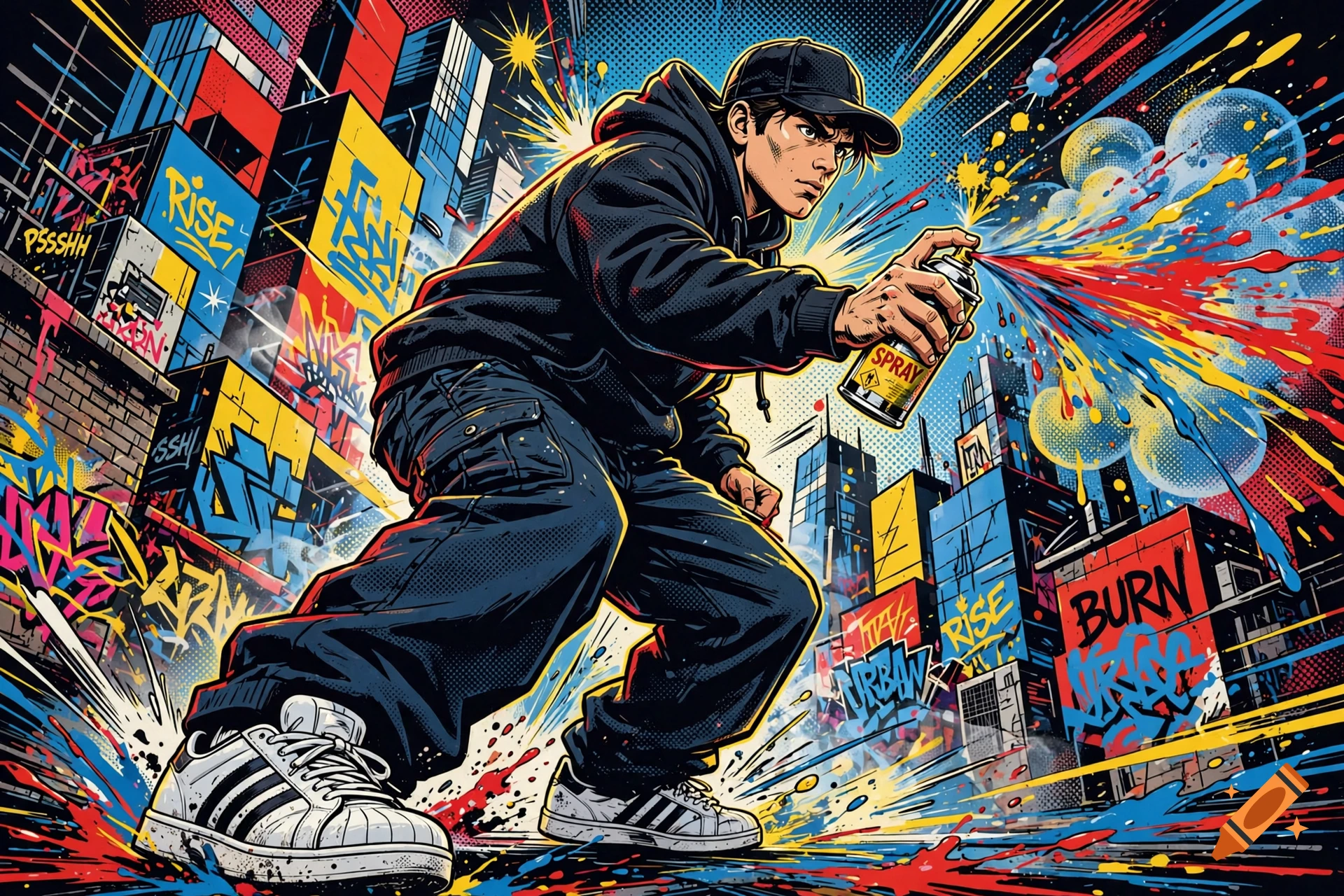Comic book style illustration of a young graffiti artist in a hoodie spraying paint in a vibrant city.